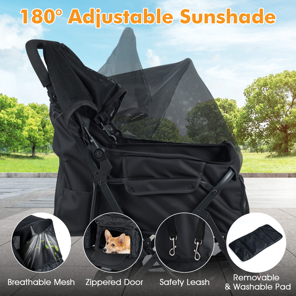 Foldable Double Pet Stroller with Adjustable Sunshade and Storage Basket - view 8