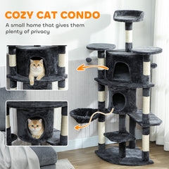 62" Cat Tree with Scratching Post, 2 Condos, Hammock, Perches, Plush, Pompoms - view 4
