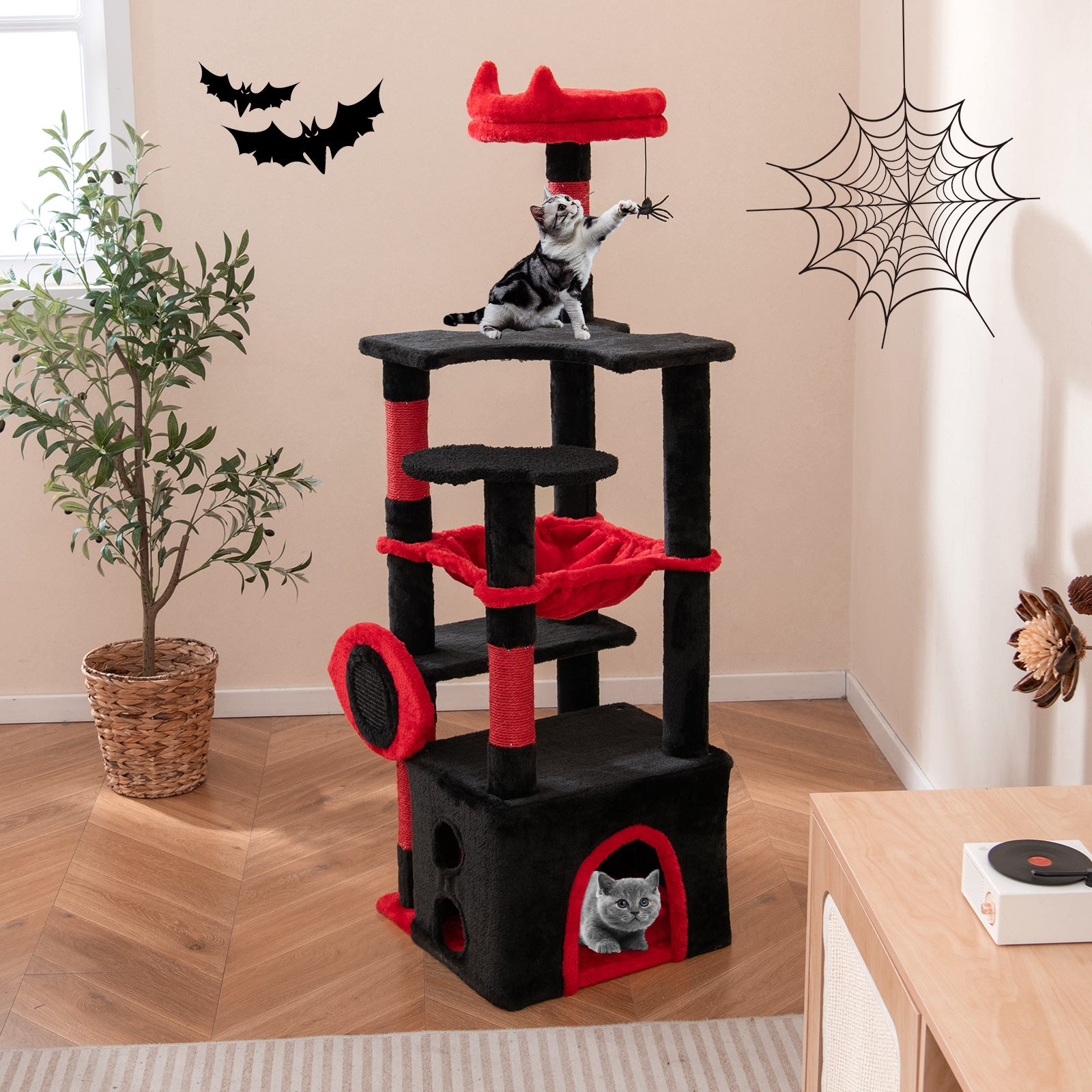 Gothic Cat Tree with Plush Perch and Spider Dangling Toy-Black & Red - view 2