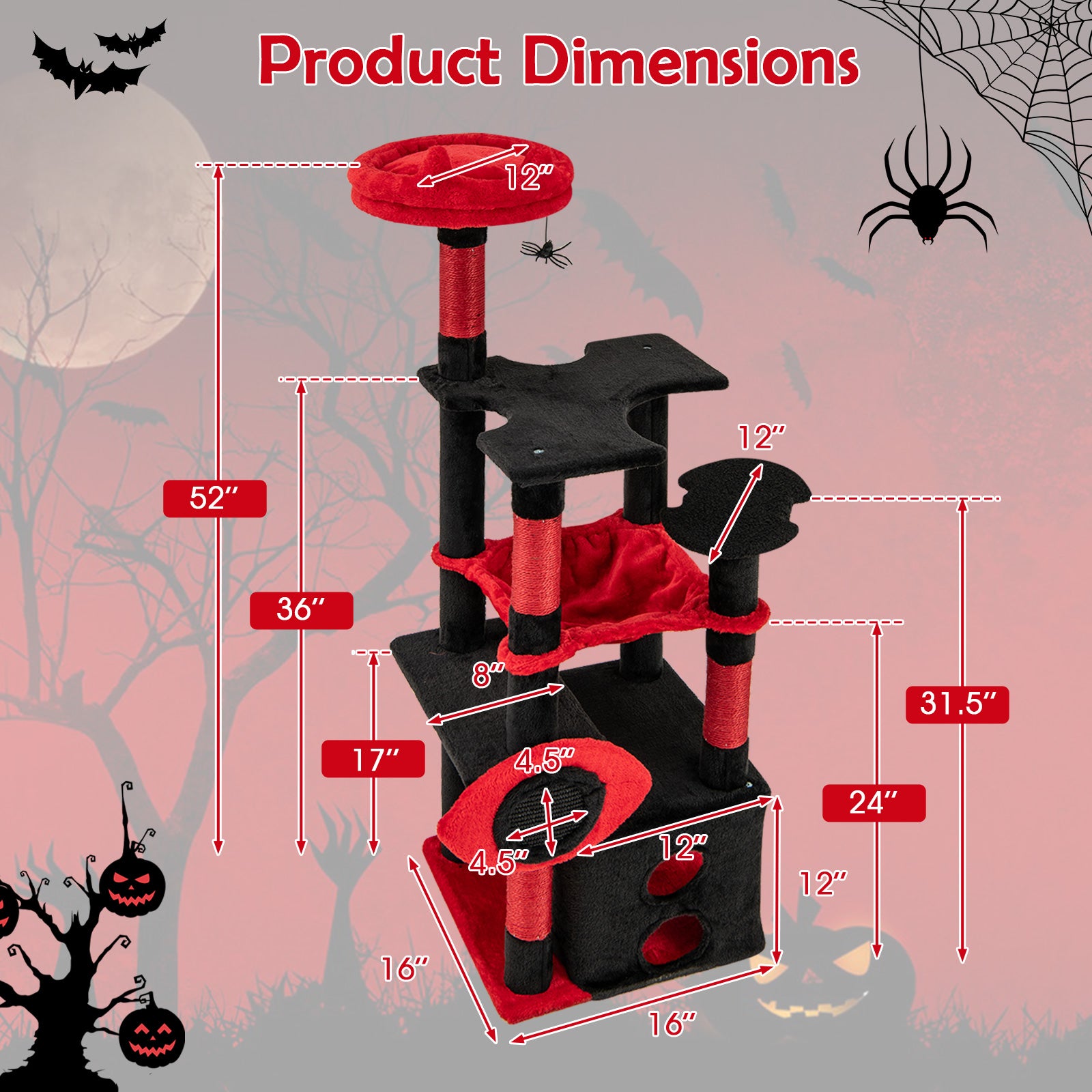 Gothic Cat Tree with Plush Perch and Spider Dangling Toy-Black & Red - view 5