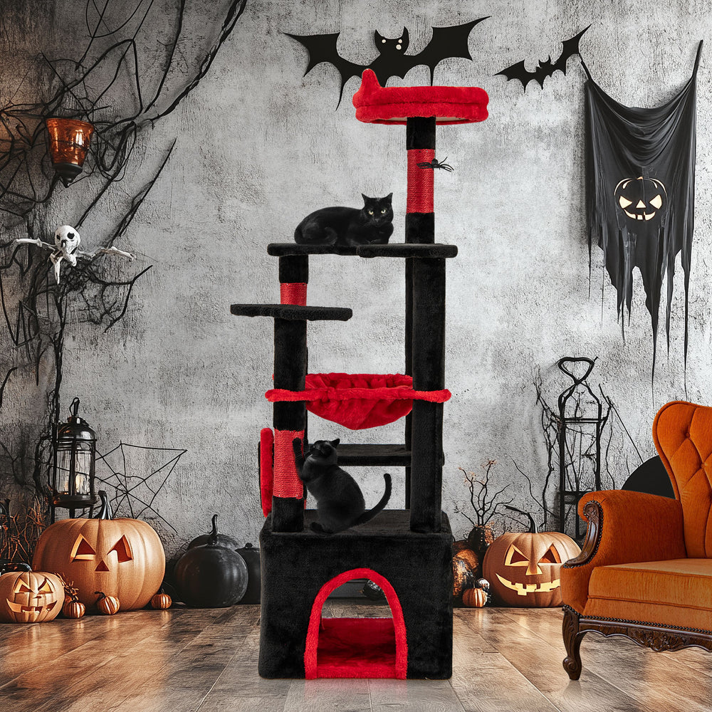 Gothic Cat Tree with Plush Perch and Spider Dangling Toy-Black & Red - view 6