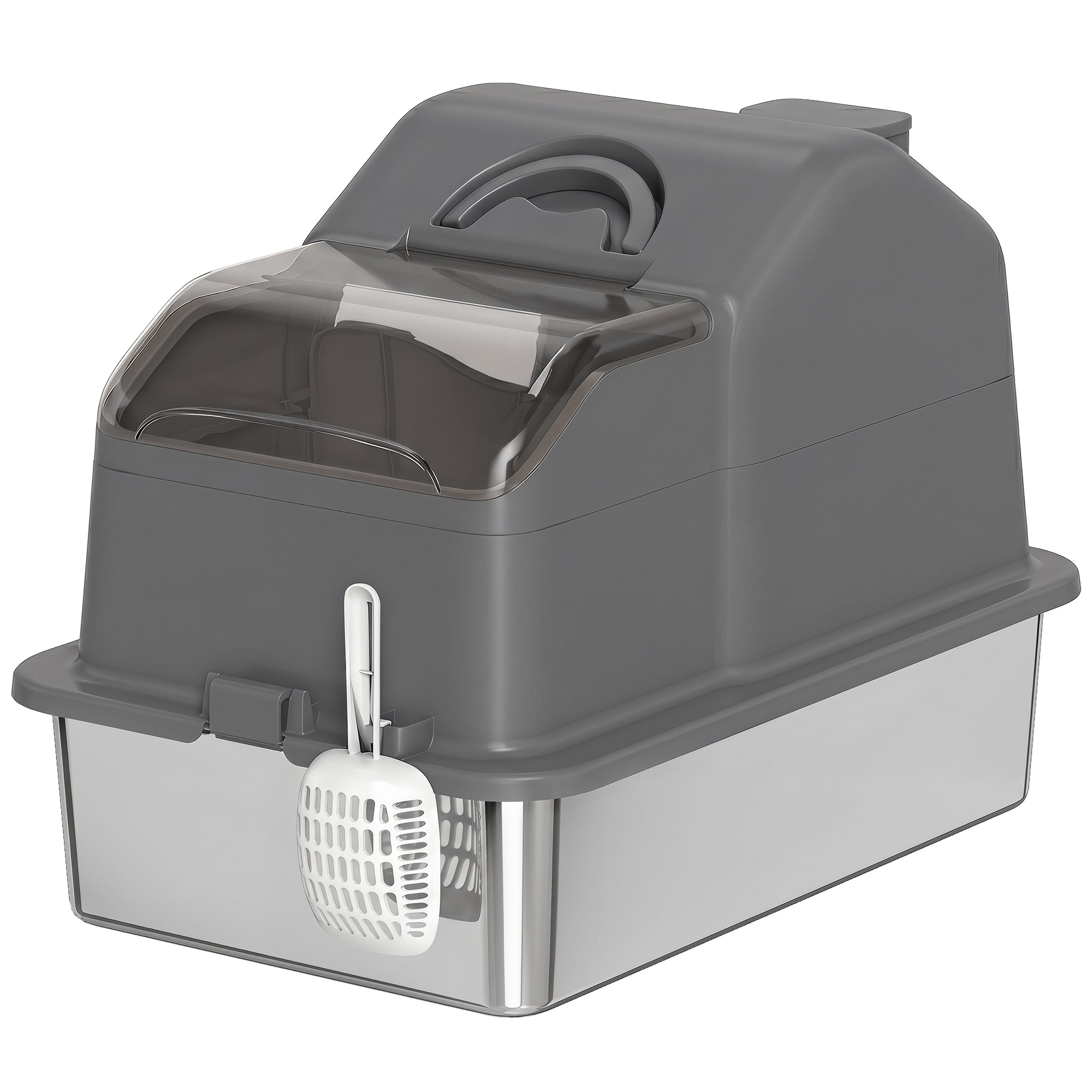 Extra Large Stainless Steel Cat Litter Box w/ High Sided, Removable Lid, Scoop