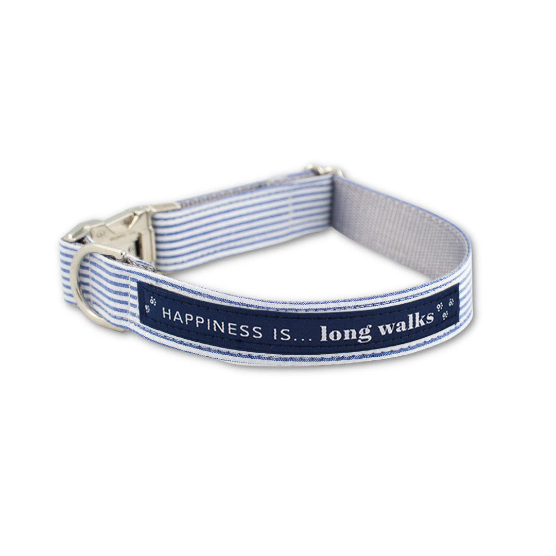 HAPPI Blue Seersucker Stripe Dog Collar with 'Happiness is... long walks' navy ribbon and silver D-ring + buckle