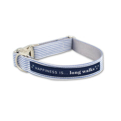 HAPPI Blue Seersucker Stripe Dog Collar with 'Happiness is... long walks' navy ribbon and silver D-ring + buckle