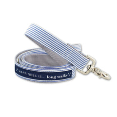 HAPPI Blue Seersucker Stripe Dog Leash with 'Happiness is... long walks' navy ribbon and silver swivel clip