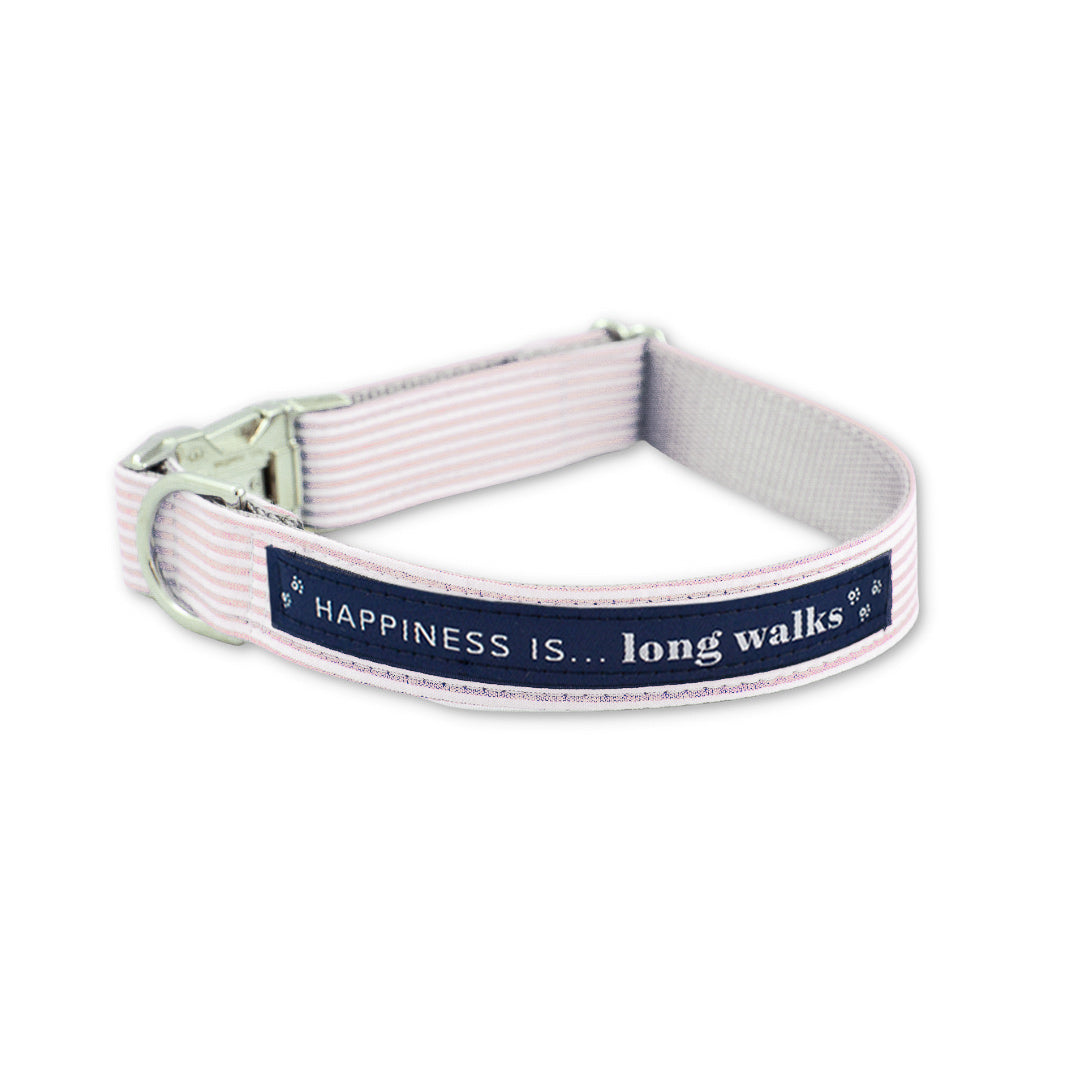 HAPPI Pink Seersucker Stripe Dog Collar with 'Happiness is... long walks' navy ribbon and silver D-ring + buckle