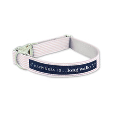 HAPPI Pink Seersucker Stripe Dog Collar with 'Happiness is... long walks' navy ribbon and silver D-ring + buckle
