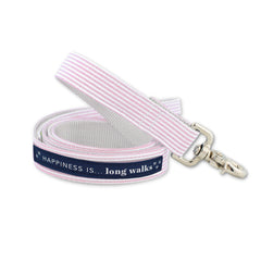 HAPPI Pink Seersucker Stripe Dog Leash with 'Happiness is... long walks' navy ribbon and silver swivel clip