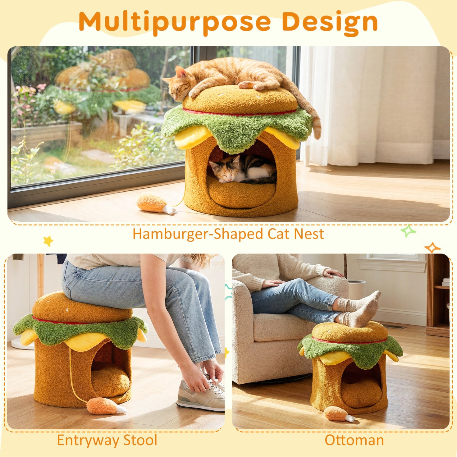 Hamburger Cat Nest with Chicken Drumstick Toy and Removable Cushion for Indoor - view 7