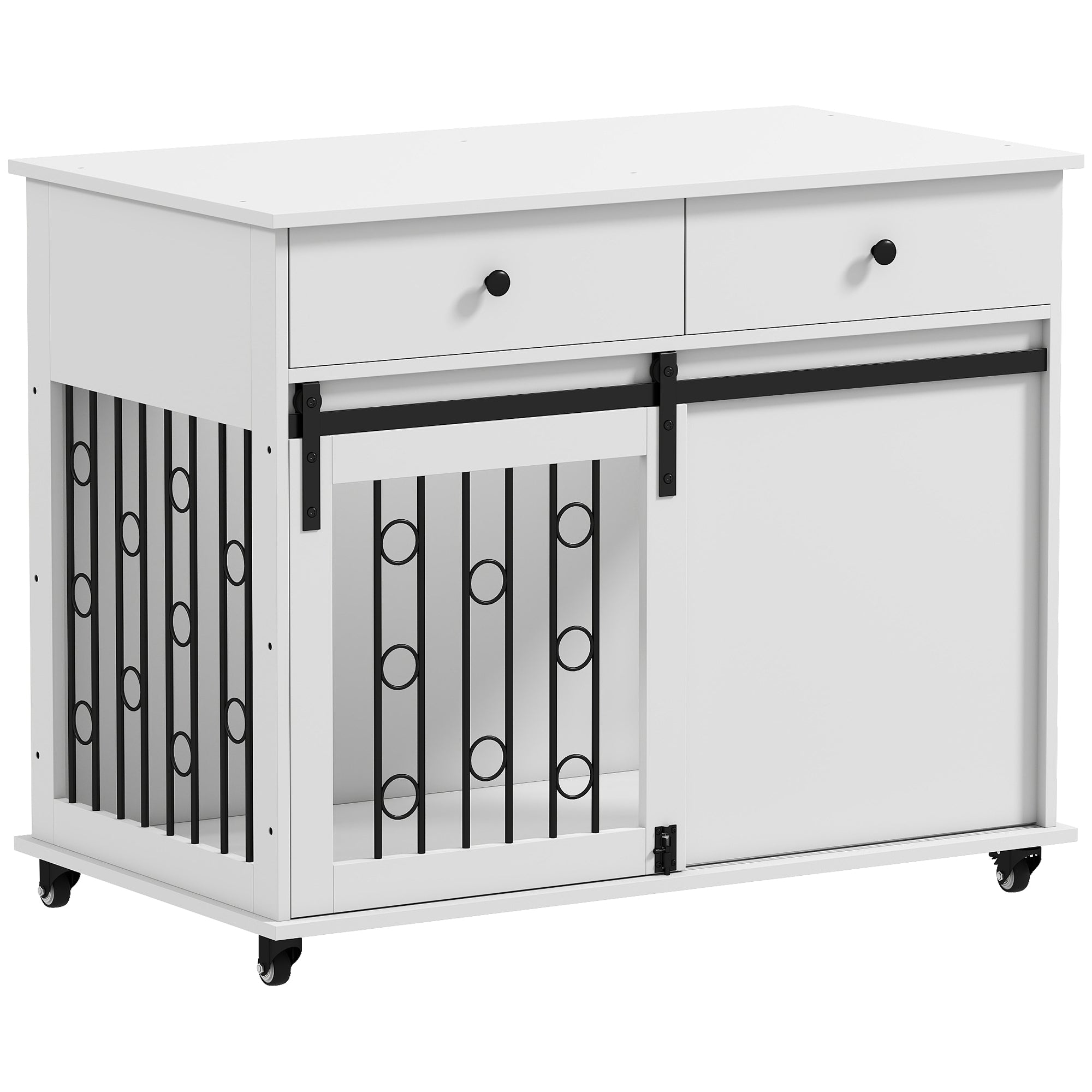 39" Dog Crate Furniture, Dog Kennel Indoor with 2 Drawers, Wheels, Sliding