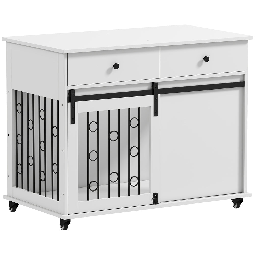 39" Dog Crate Furniture, Dog Kennel Indoor with 2 Drawers, Wheels, Sliding