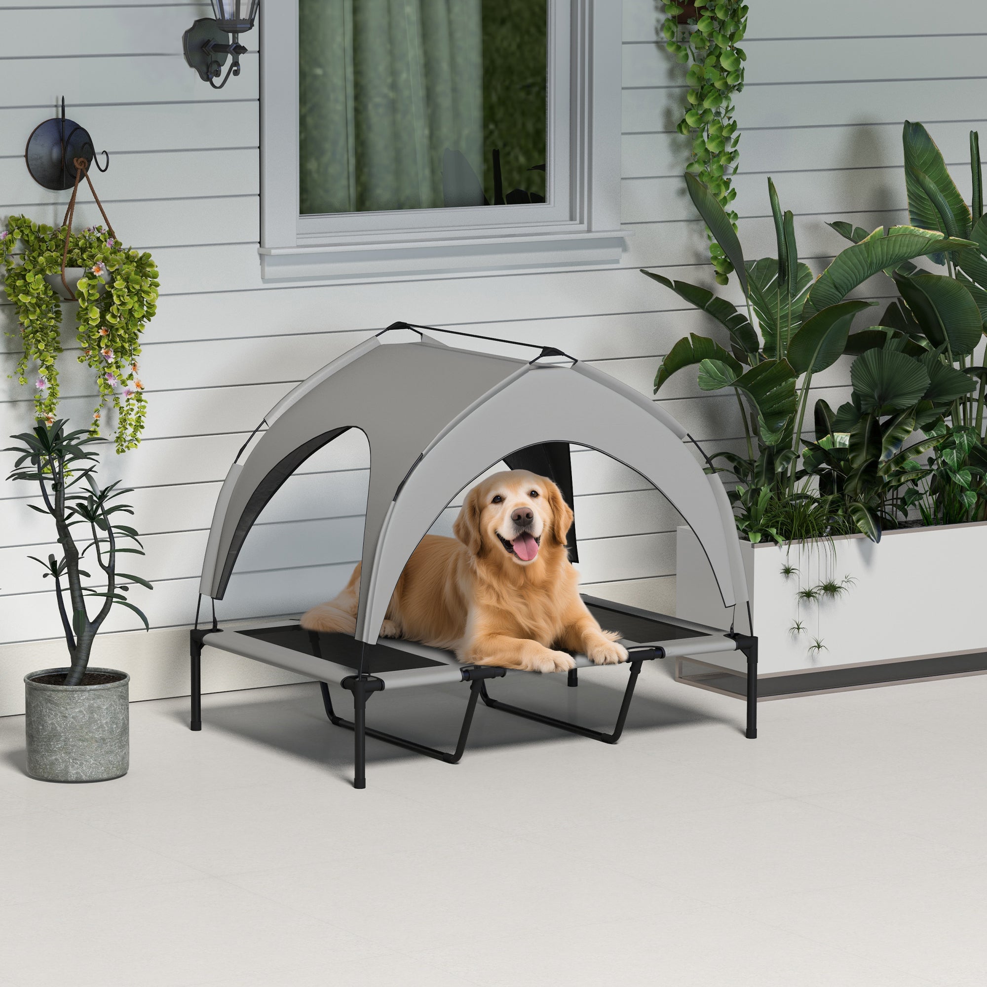 Raised Dog Bed Cooling Dog Cot w/ Canopy Washable Breathable Mesh, for Large - view 7
