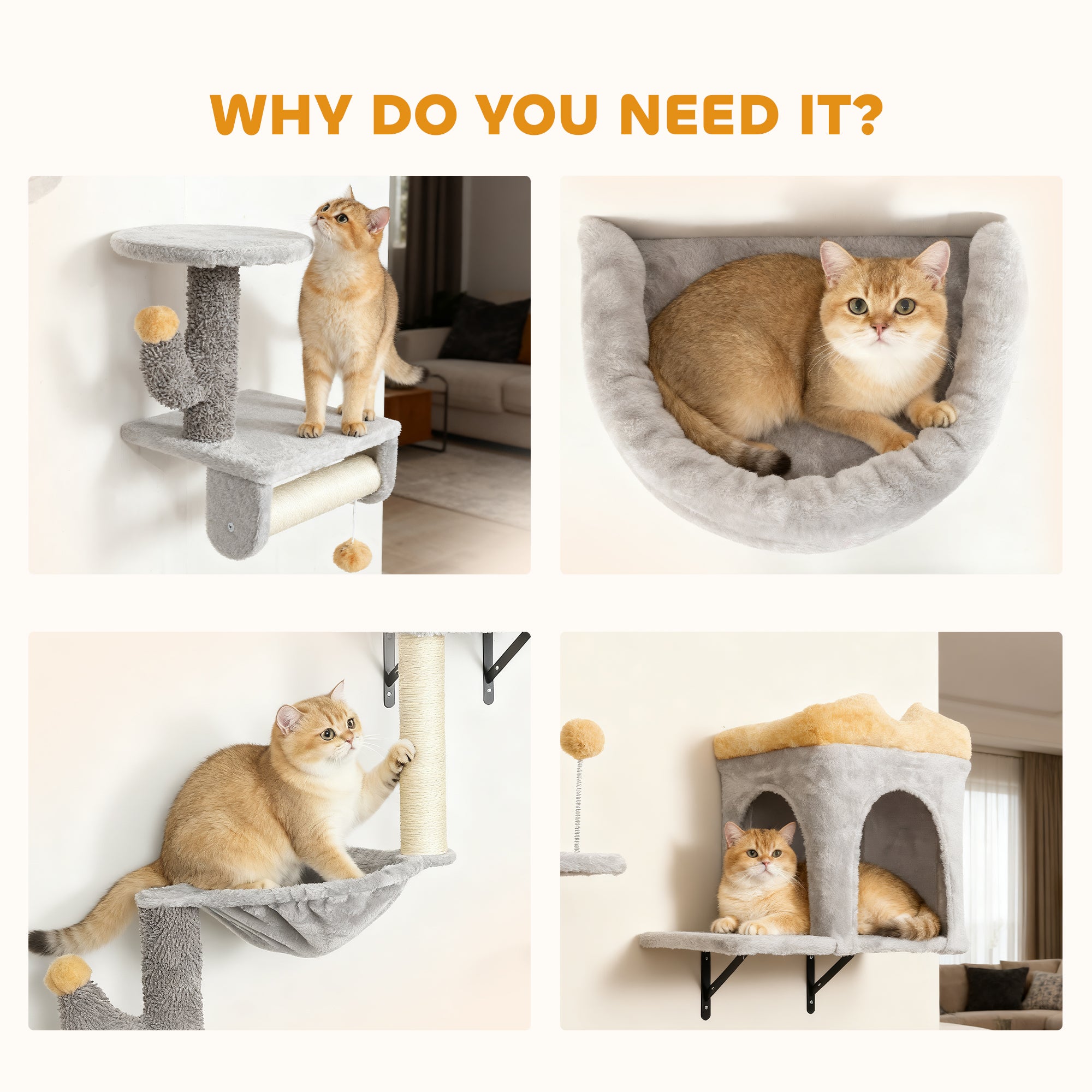 Cat Wall Shelves, 4 Pcs Cat Wall Furniture Set with Scratching Posts, Condo - view 5