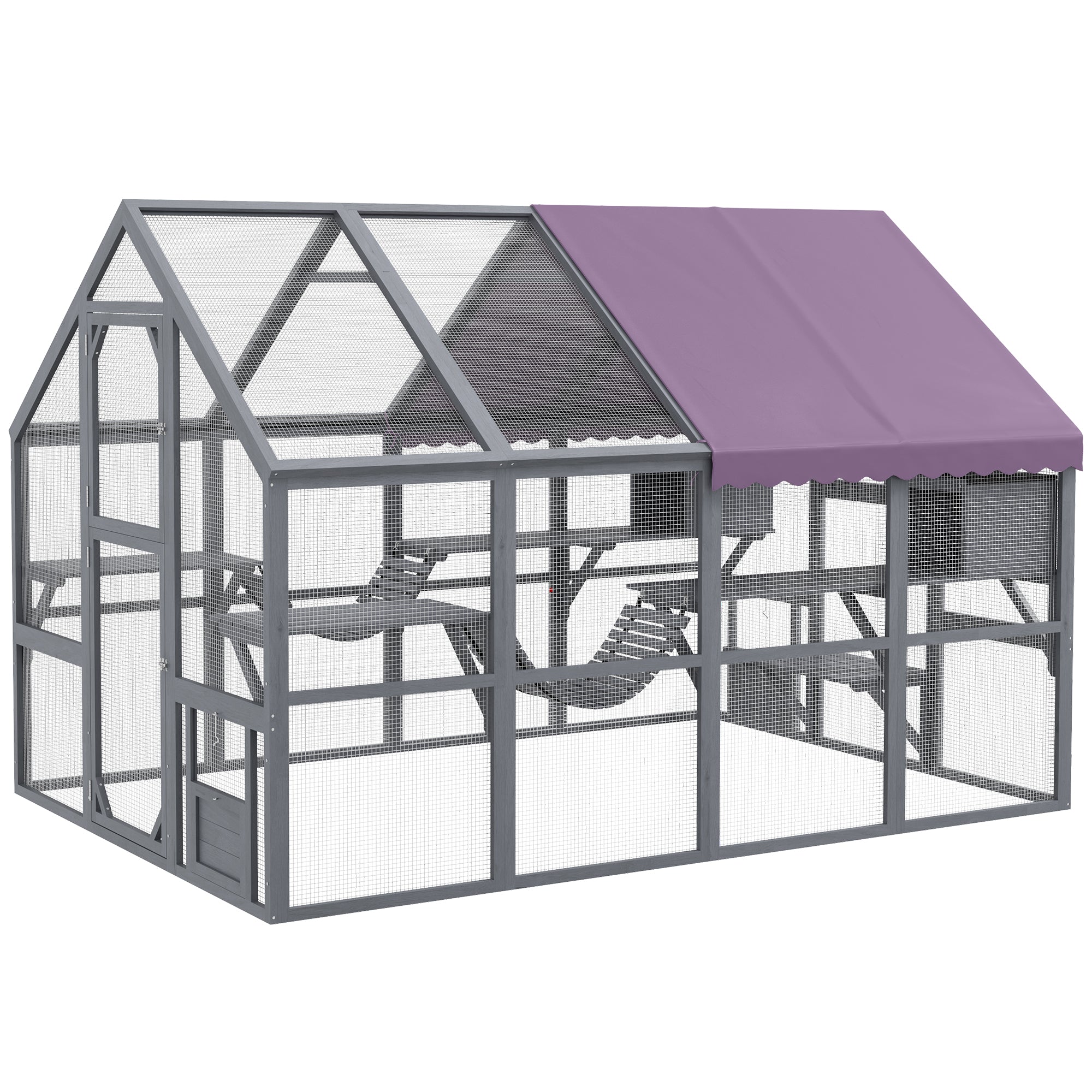 Outdoor Cat Enclosure Wooden Feral Cat House w/ Weatherproof Canopy, Bridges