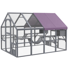 Outdoor Cat Enclosure Wooden Feral Cat House w/ Weatherproof Canopy, Bridges