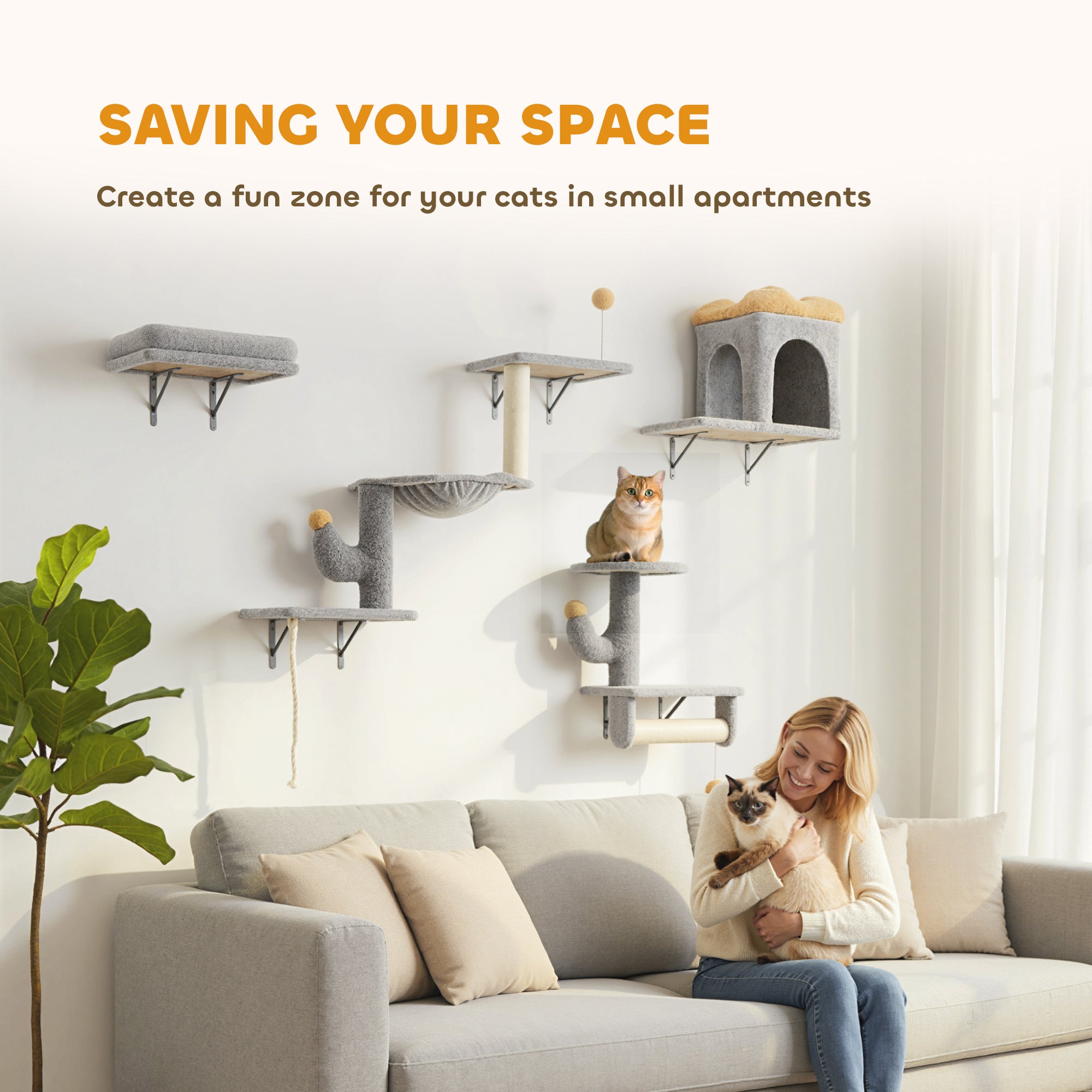 Cat Wall Shelves, 4 Pcs Cat Wall Furniture Set with Scratching Posts, Condo - view 4