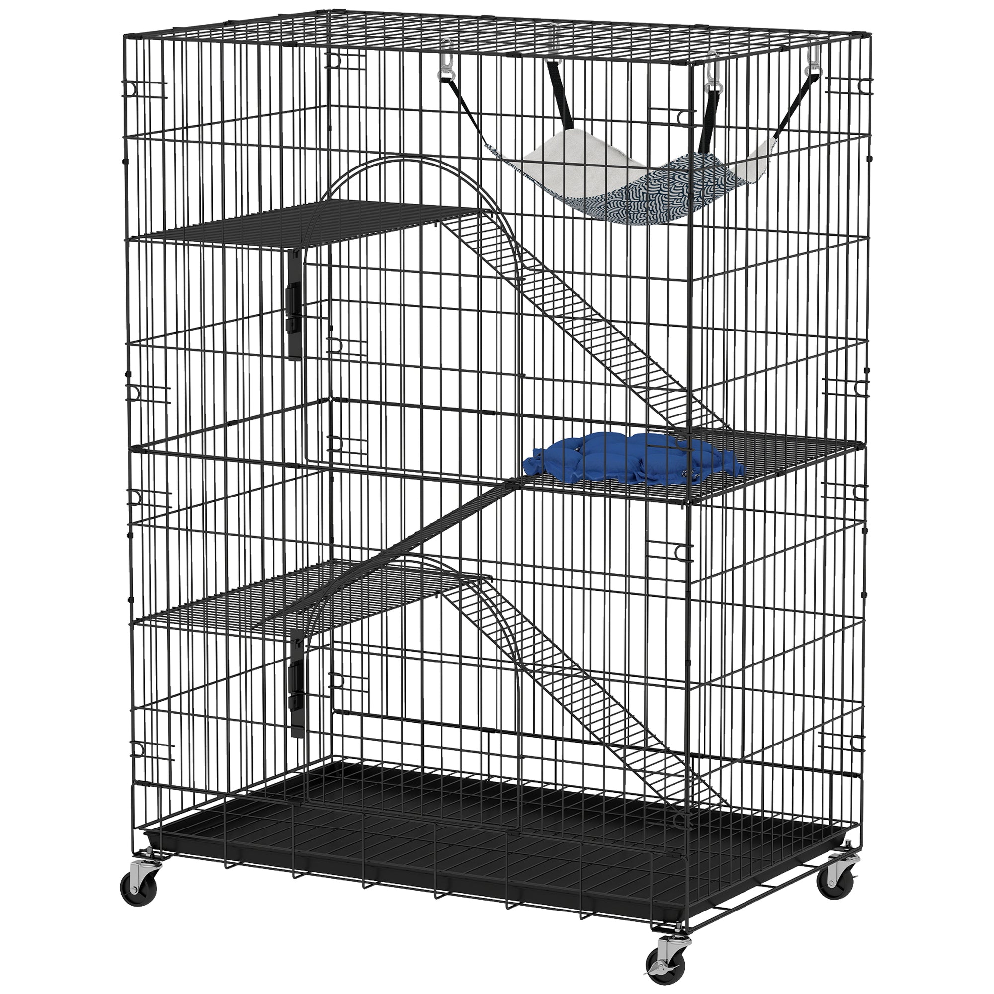 4-Tier Cat Cage, Large Cat Enclosure with Lockable Wheels, Tray, Hammock, Bed