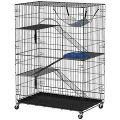 4-Tier Cat Cage, Large Cat Enclosure with Lockable Wheels, Tray, Hammock, Bed