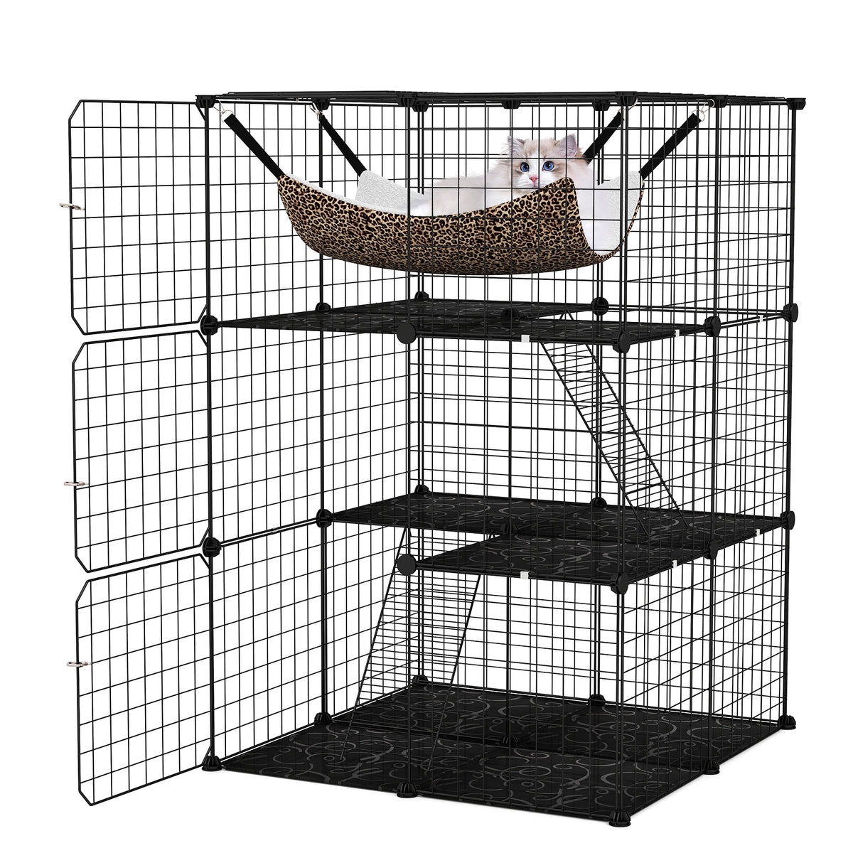 Indoor Cat Cage 3-Tier Cat Enclosure Detachable Metal Wire Kennel Cat Tree