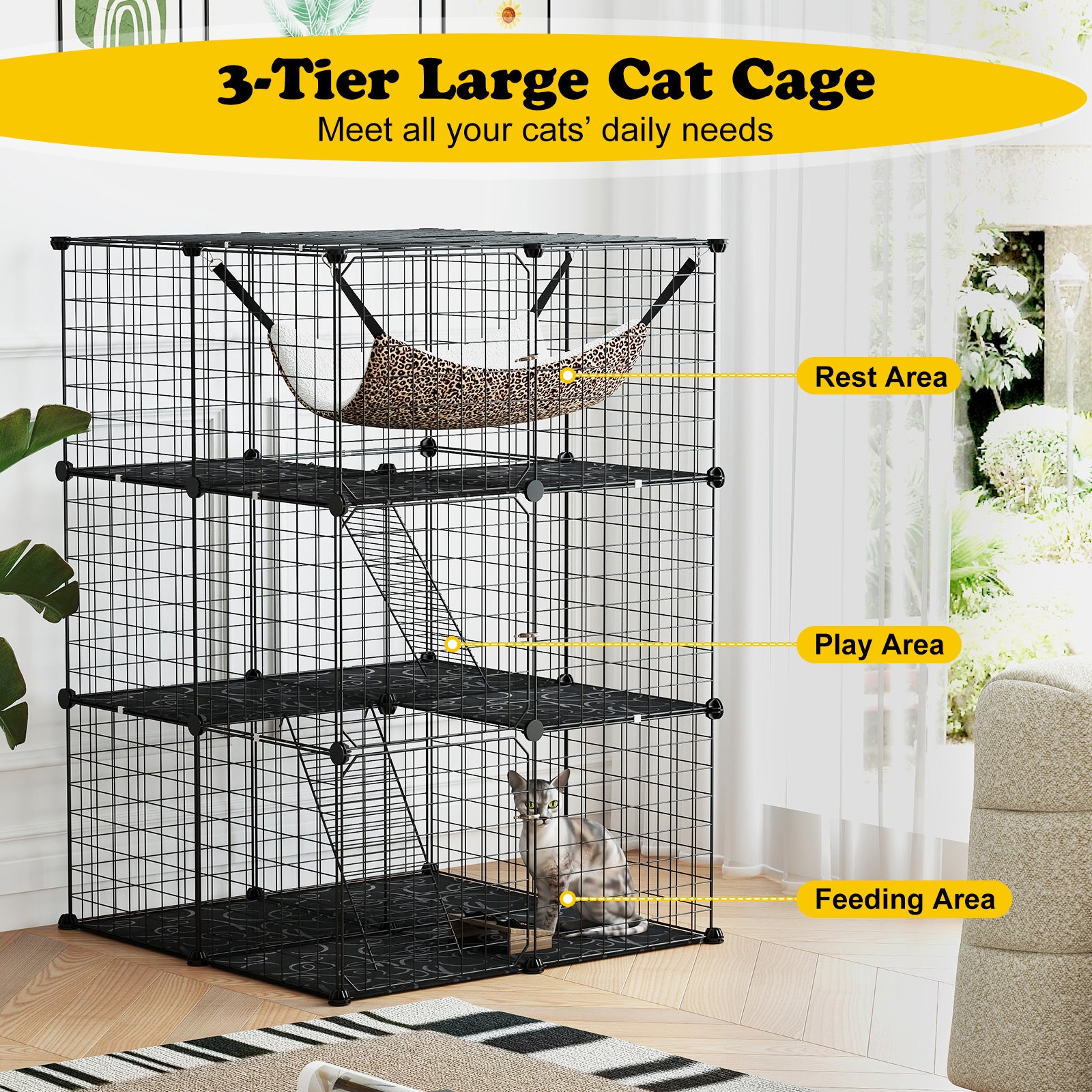 Indoor Cat Cage 3-Tier Cat Enclosure Detachable Metal Wire Kennel Cat Tree - view 6