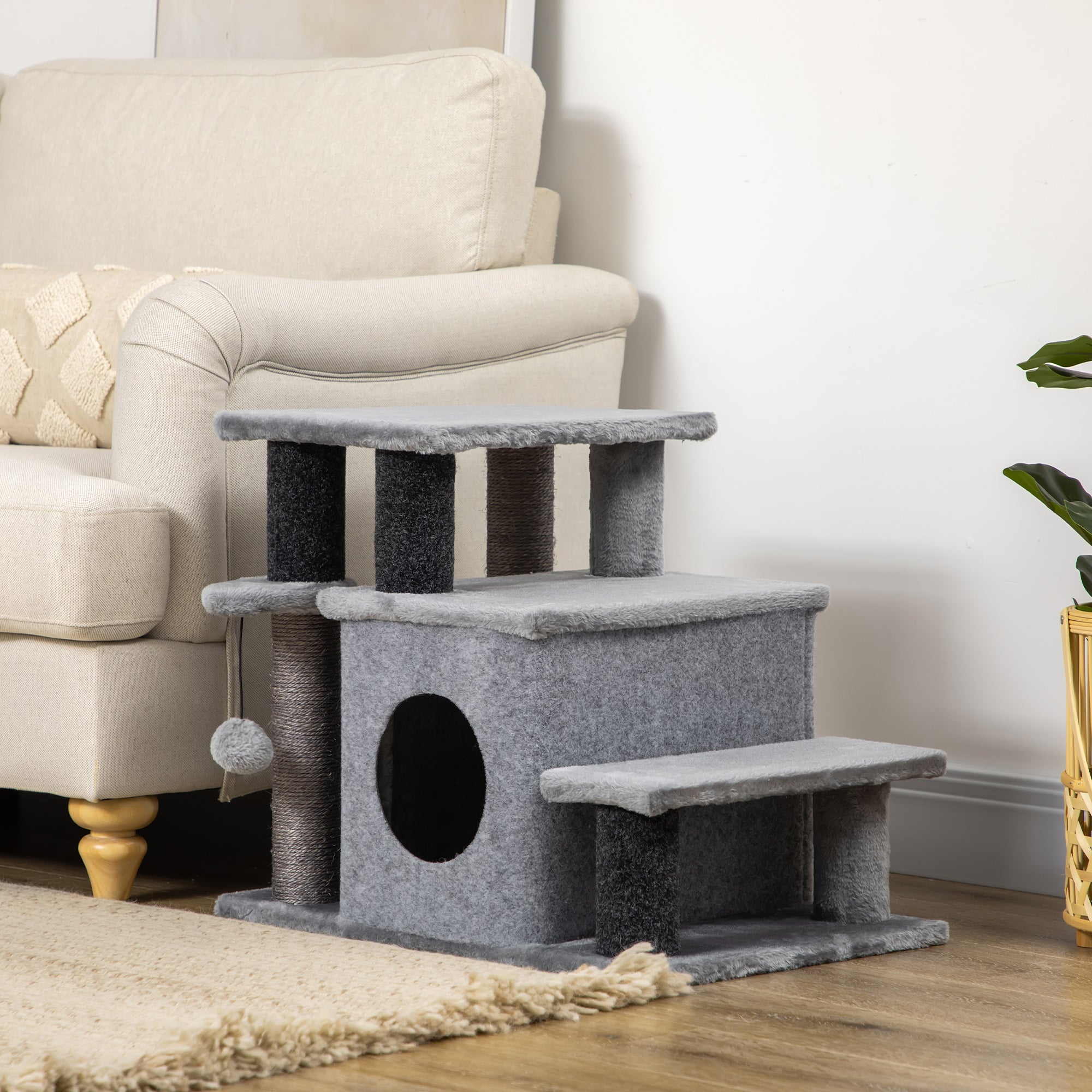 Cat Stairs Pet Steps for Couch Bed with Scratching Posts Condo Ball Toy, 23.6" - view 7
