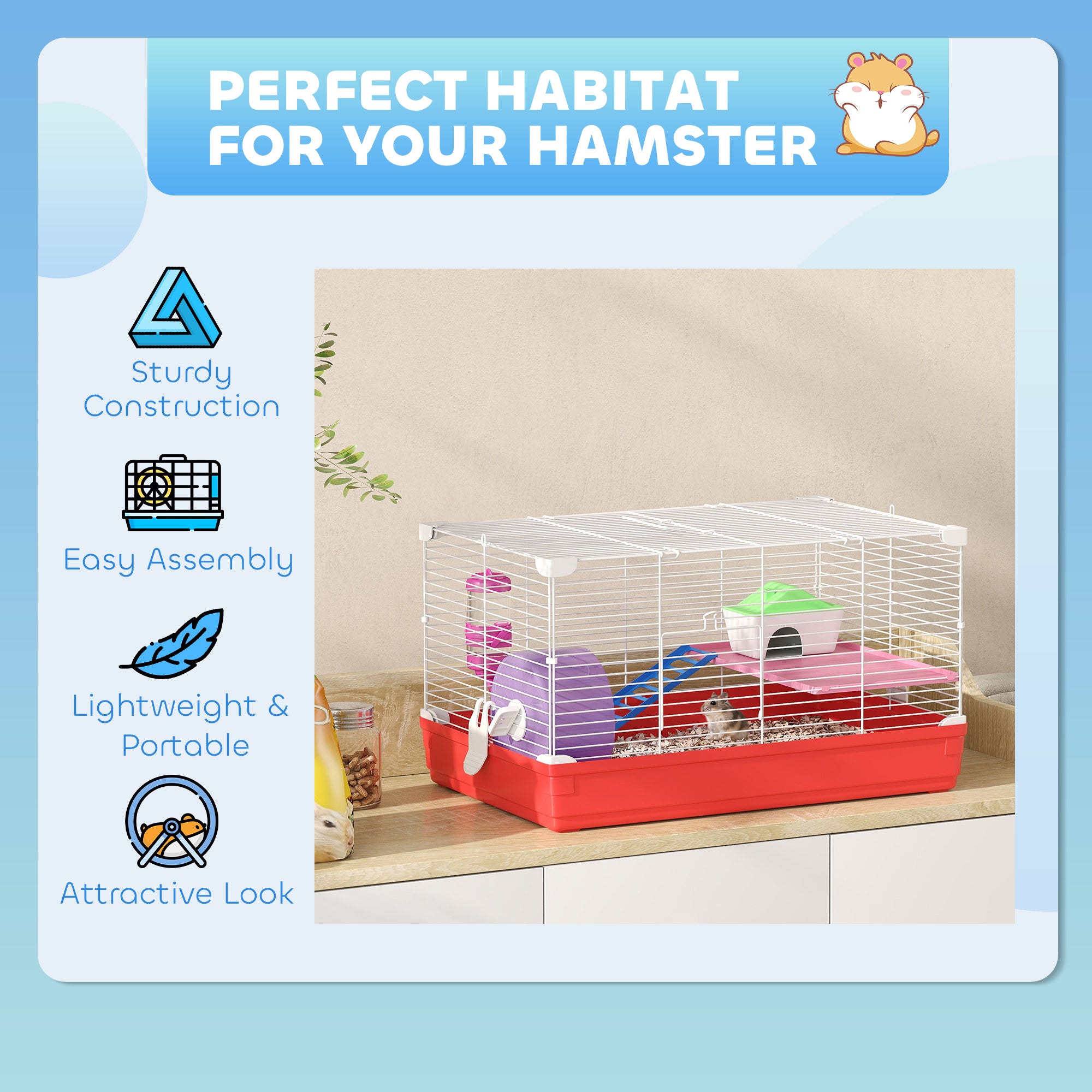 18.5'' Hamster Cage with Exercise Wheel and Water Bottle Dishes, Rat House - view 6