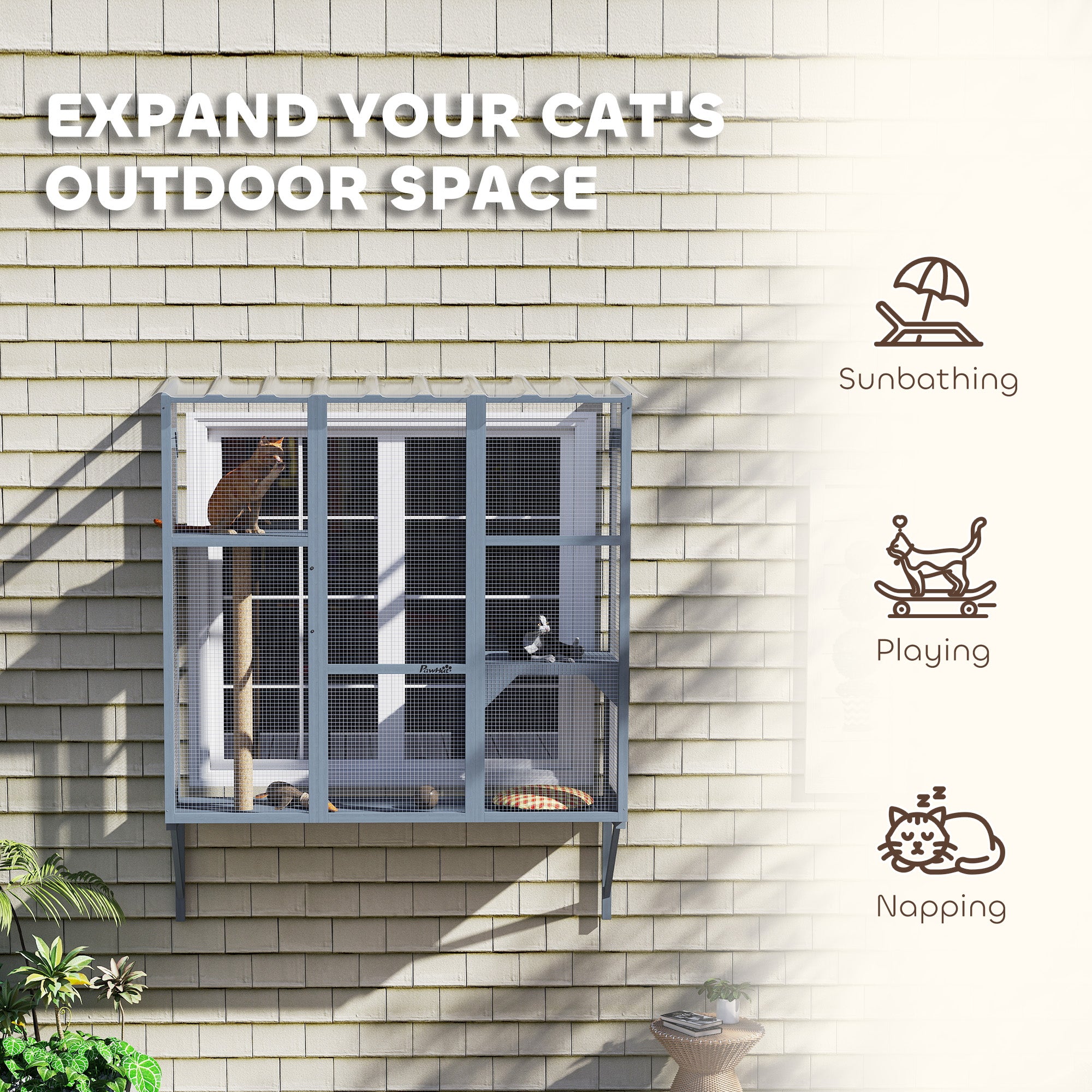 Wooden Catio Outdoor, Cat Window Box Enclosure for 2-3 Large Cats with 2 - view 3