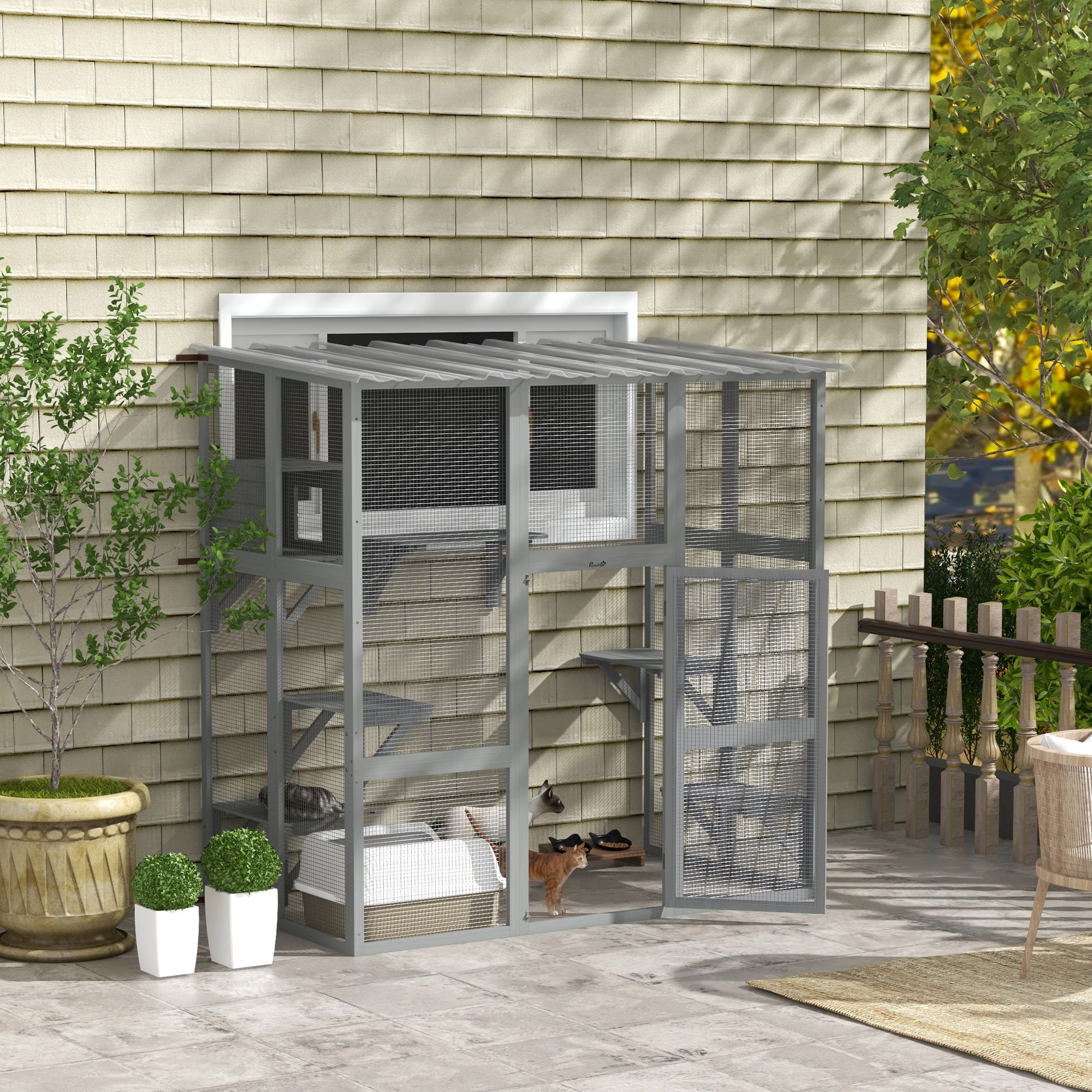 Large Outdoor Catio with Weatherproof Roof, Bridge, Resting Box, Platforms - view 7