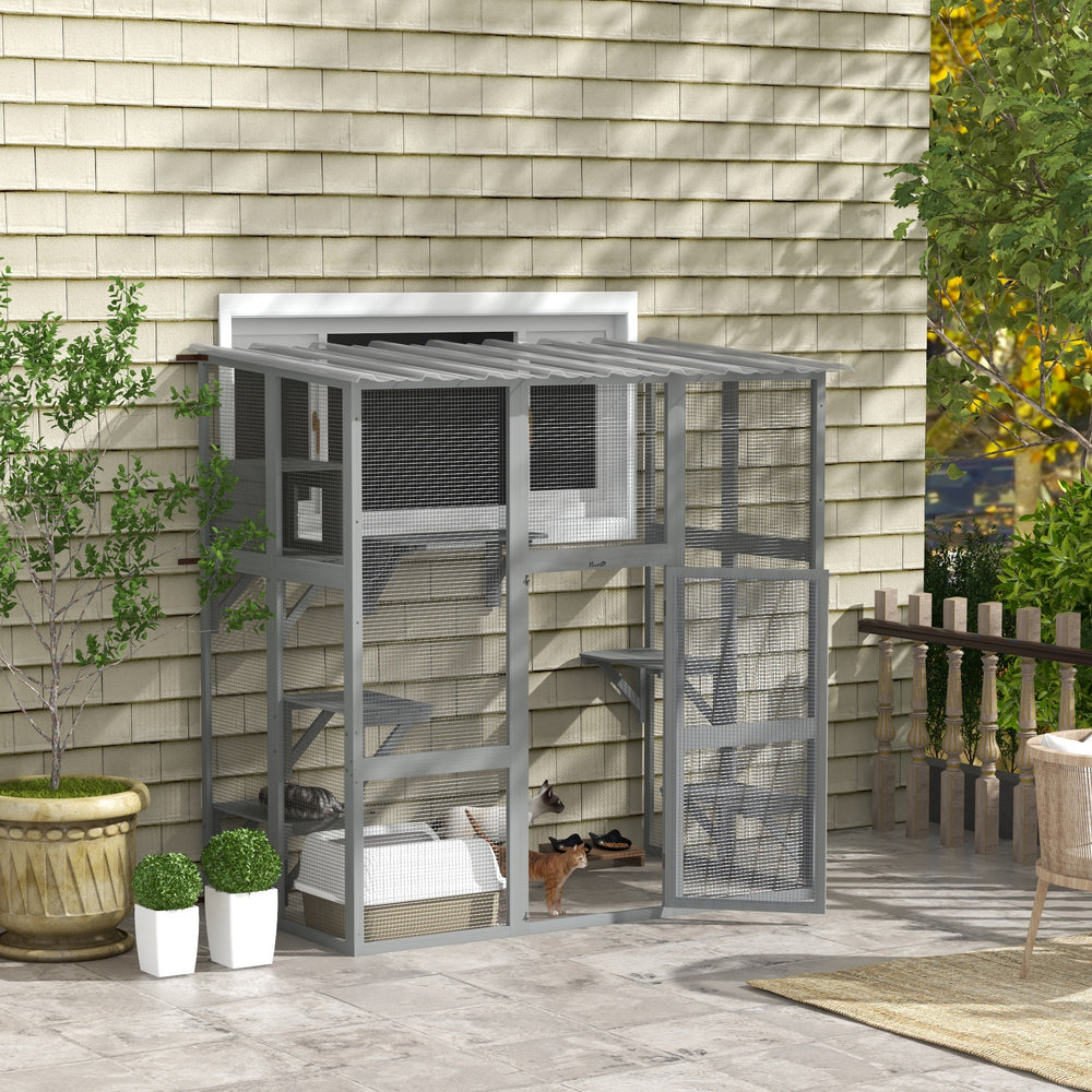Large Outdoor Catio with Weatherproof Roof, Bridge, Resting Box, Platforms - view 7