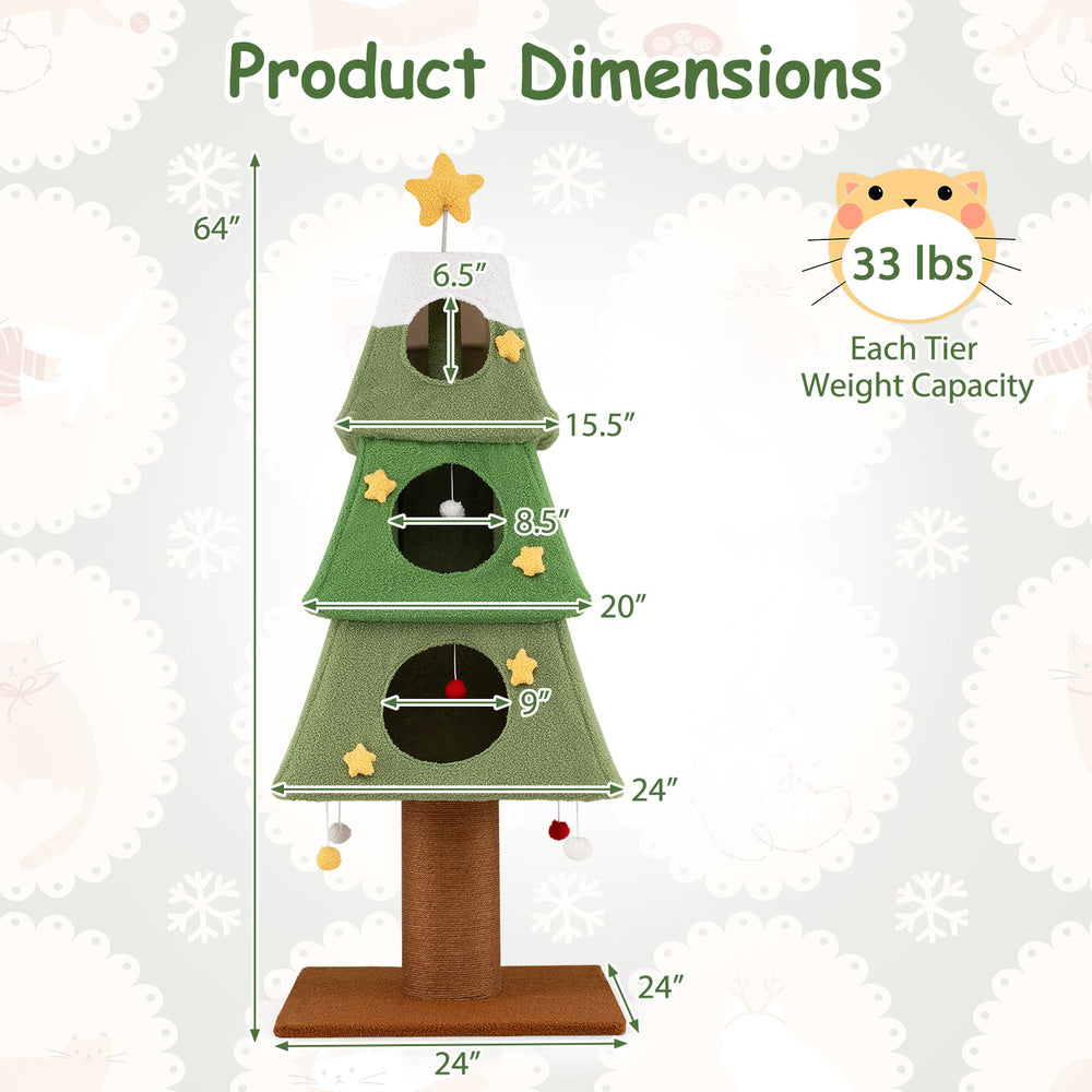 Large Christmas Cat Tree for Indoor Cats 64" Cute Cat Tower with 3 Condos - view 5
