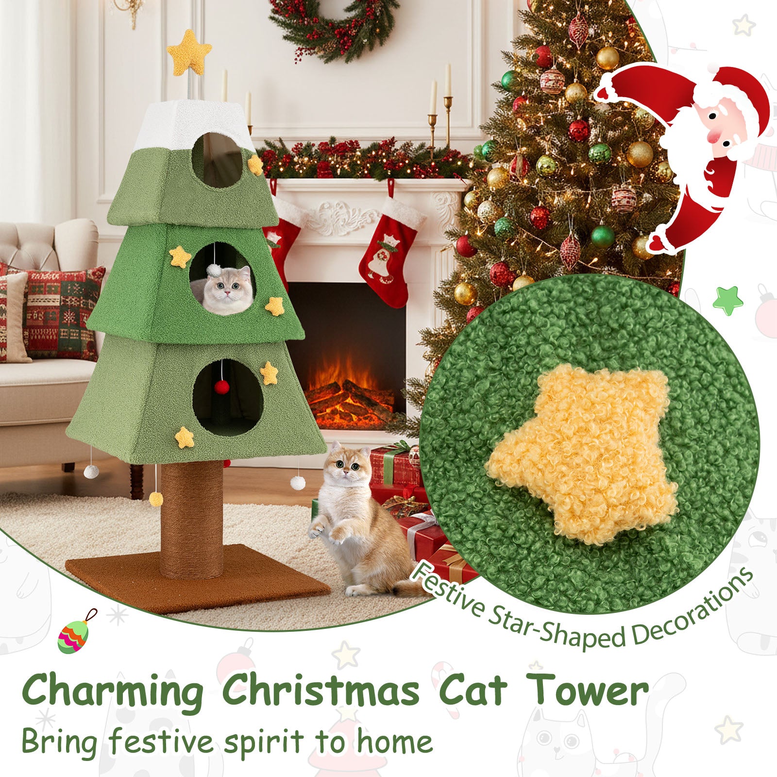 Large Christmas Cat Tree for Indoor Cats 64" Cute Cat Tower with 3 Condos - view 8