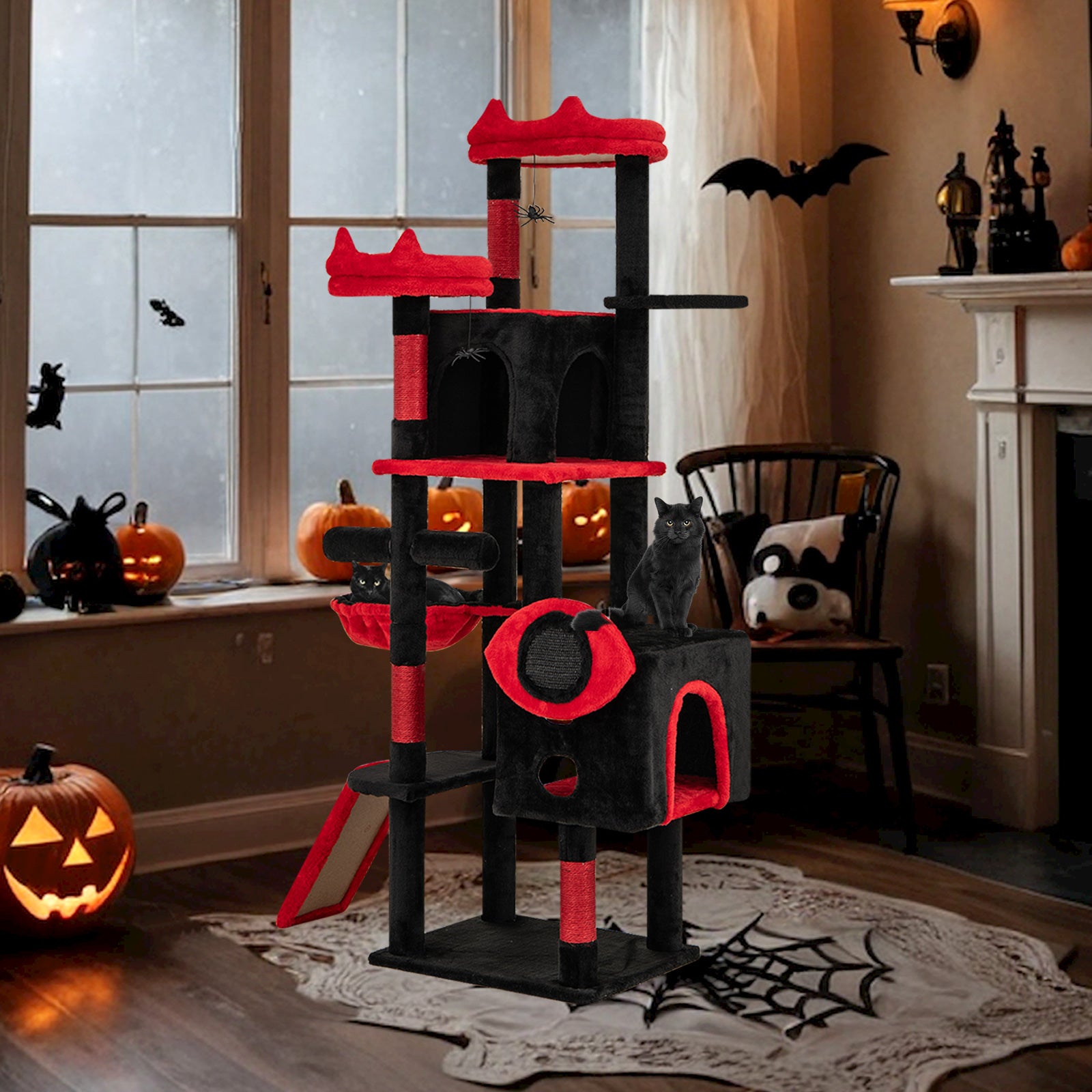 Large Gothic Cat Tree with Cat Condos and Plush Perches-Black & Red - view 3