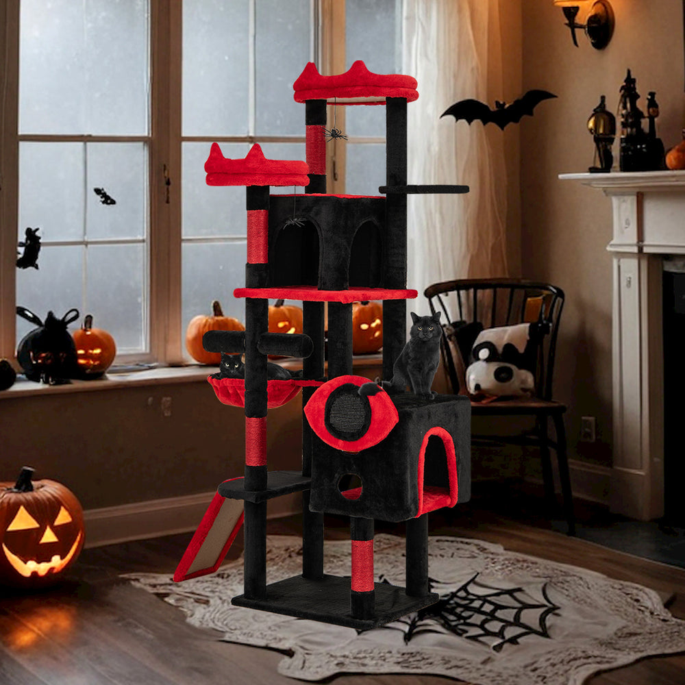 Large Gothic Cat Tree with Cat Condos and Plush Perches-Black & Red - view 3