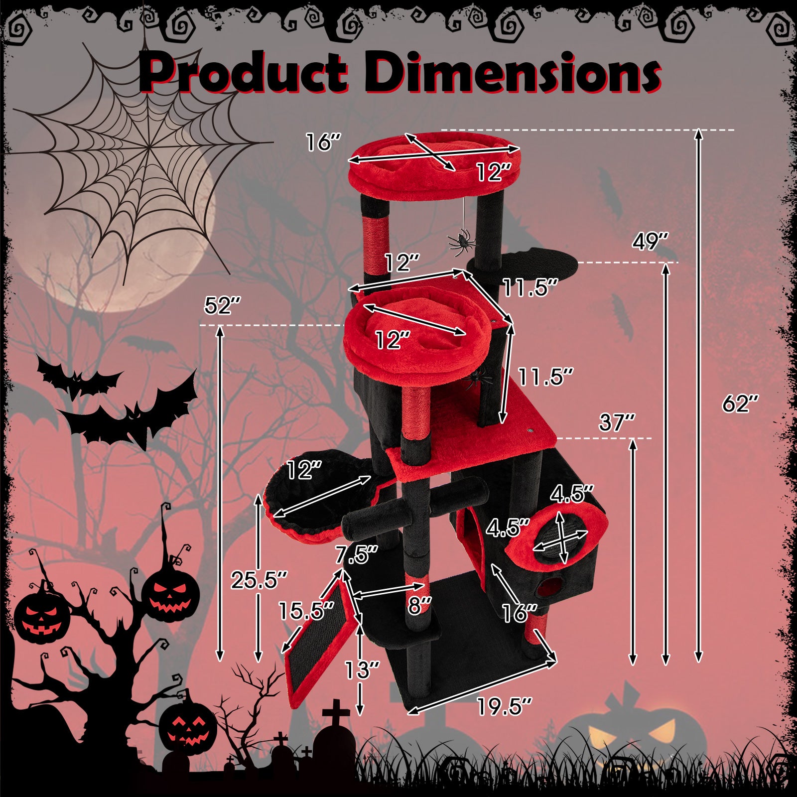 Large Gothic Cat Tree with Cat Condos and Plush Perches-Black & Red - view 5