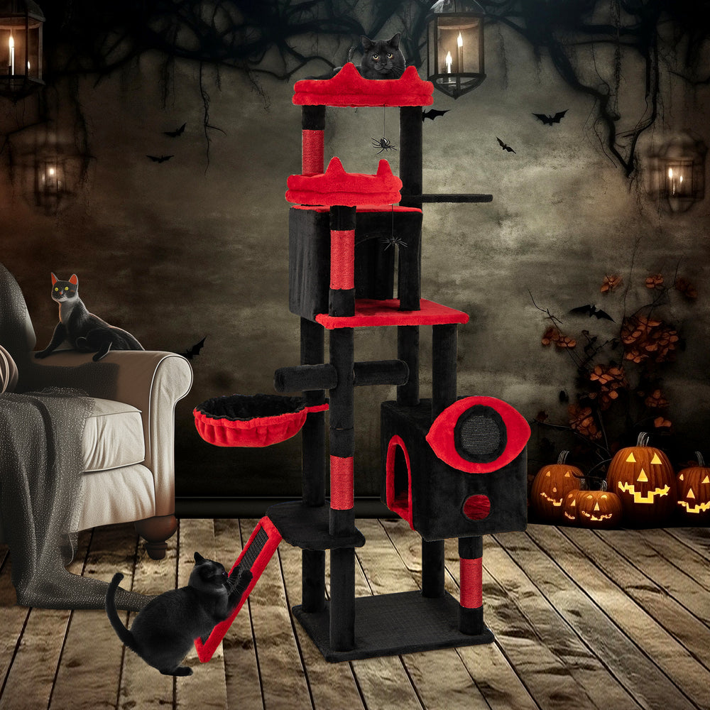 Large Gothic Cat Tree with Cat Condos and Plush Perches-Black & Red - view 6