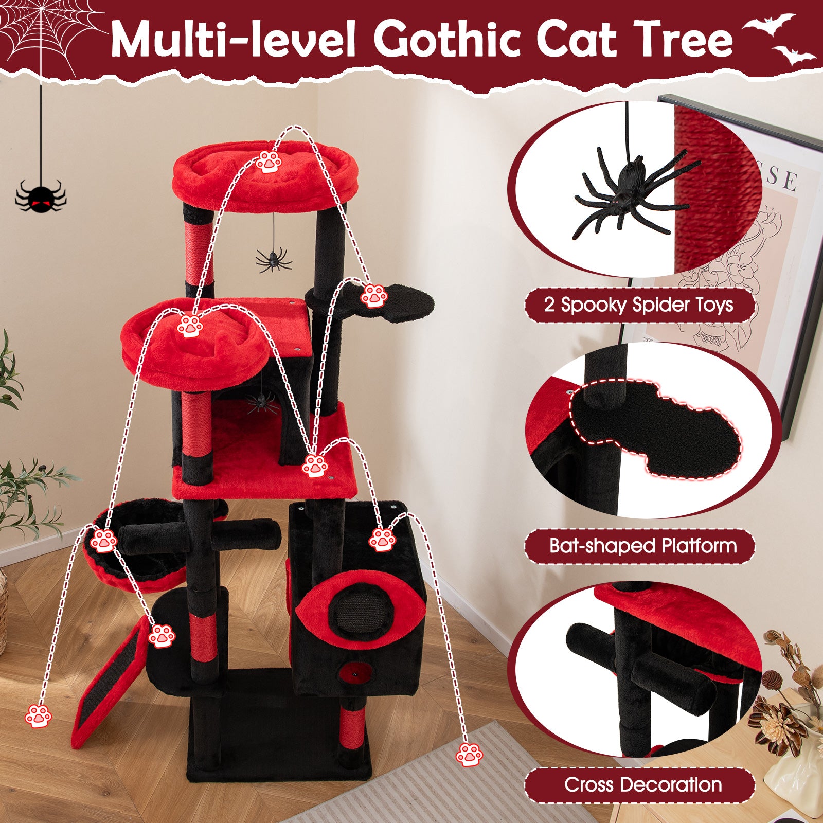 Large Gothic Cat Tree with Cat Condos and Plush Perches-Black & Red - view 8