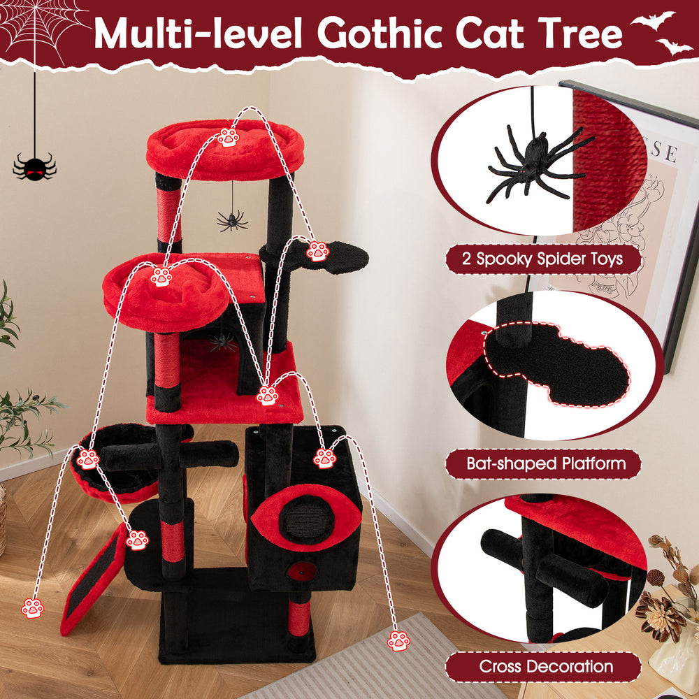 Large Gothic Cat Tree with Cat Condos and Plush Perches-Black & Red - view 8