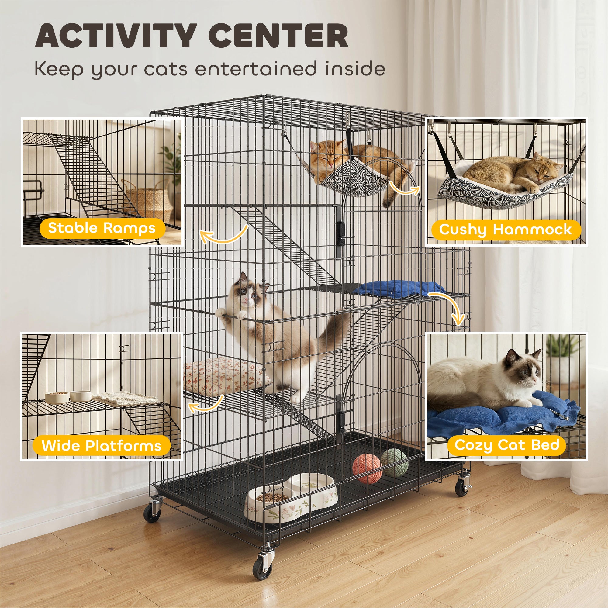 4-Tier Cat Cage, Large Cat Enclosure with Lockable Wheels, Tray, Hammock, Bed - view 5