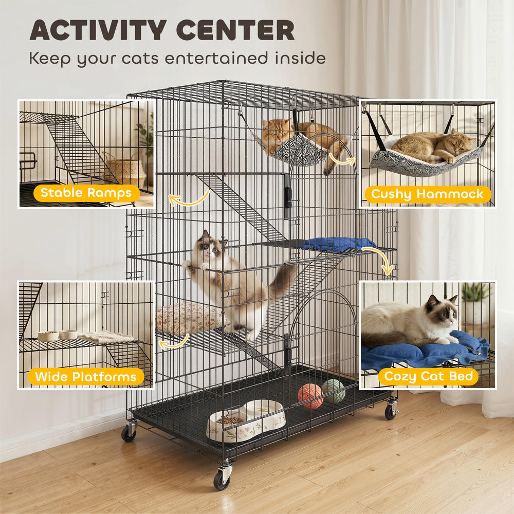 4-Tier Cat Cage, Large Cat Enclosure with Lockable Wheels, Tray, Hammock, Bed - view 5