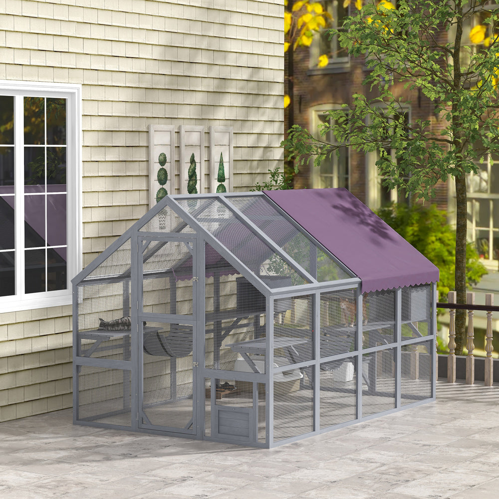 Outdoor Cat Enclosure Wooden Feral Cat House w/ Weatherproof Canopy, Bridges - view 7