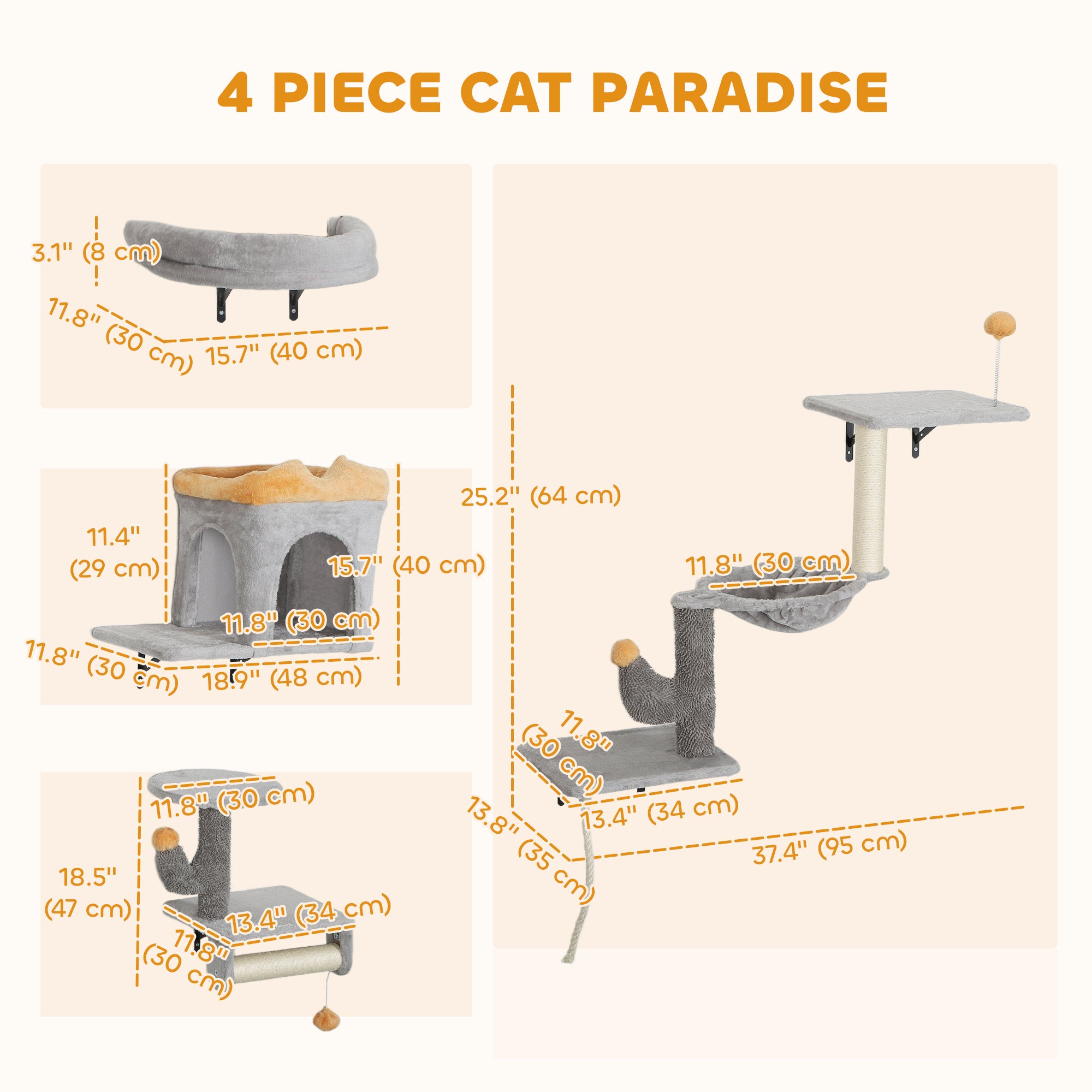 Cat Wall Shelves, 4 Pcs Cat Wall Furniture Set with Scratching Posts, Condo - view 2