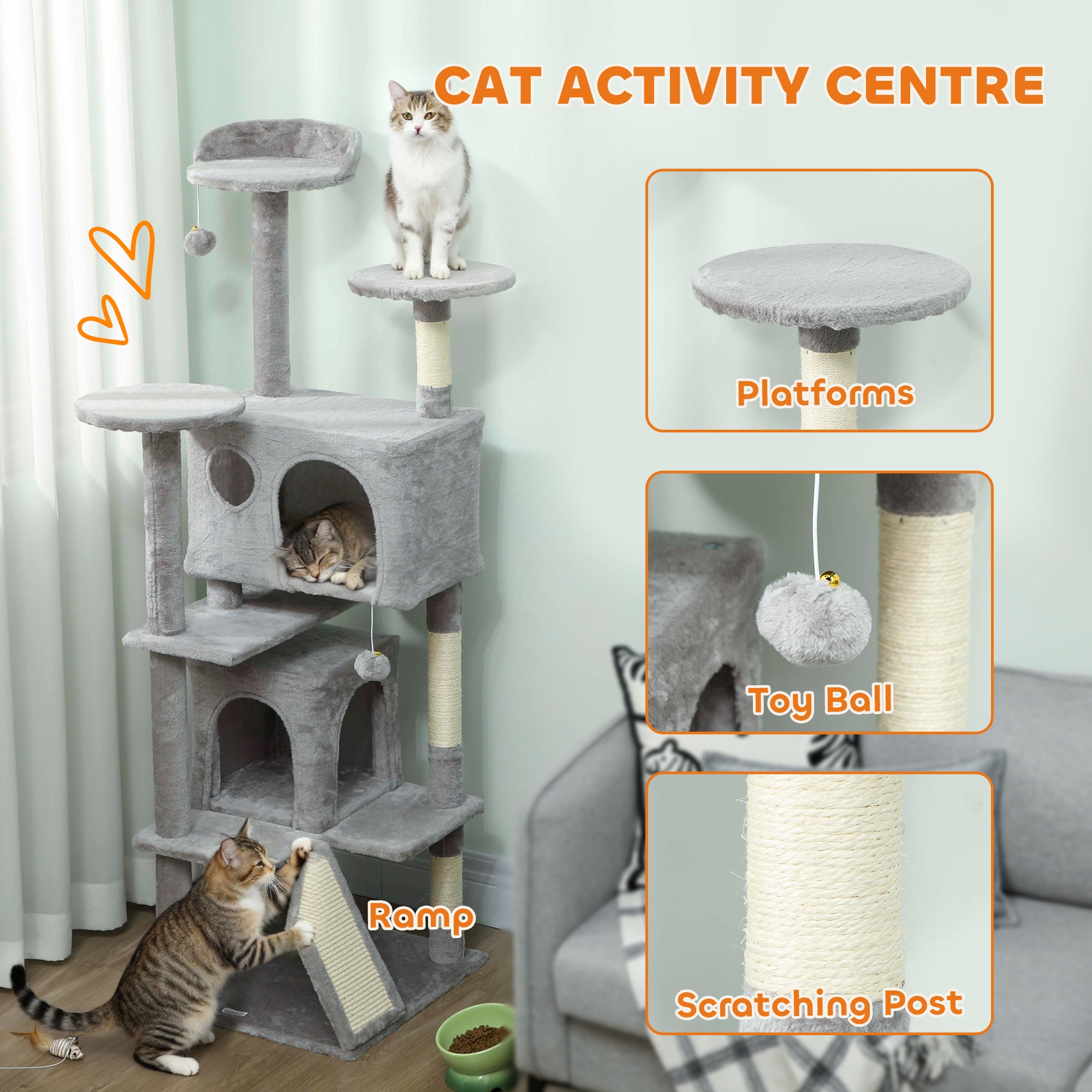54" Cat Tree, Multi-Level Cat Tower with Scratching Posts, Cat Condos, Bed - view 3