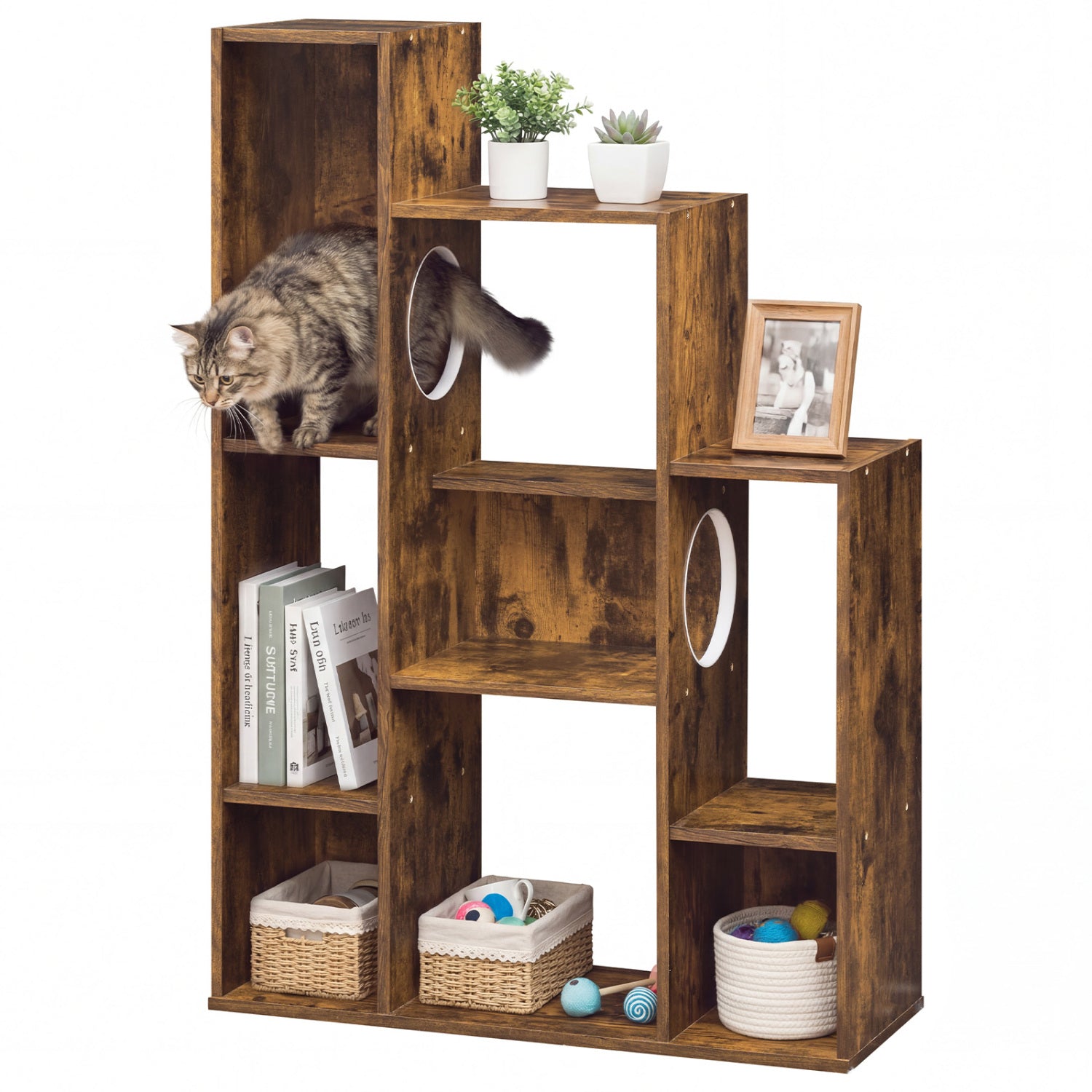 Modern Cat Bookshelf Cat Tree 8-Section Storage Cabinet with 2 Round Holes - view 4