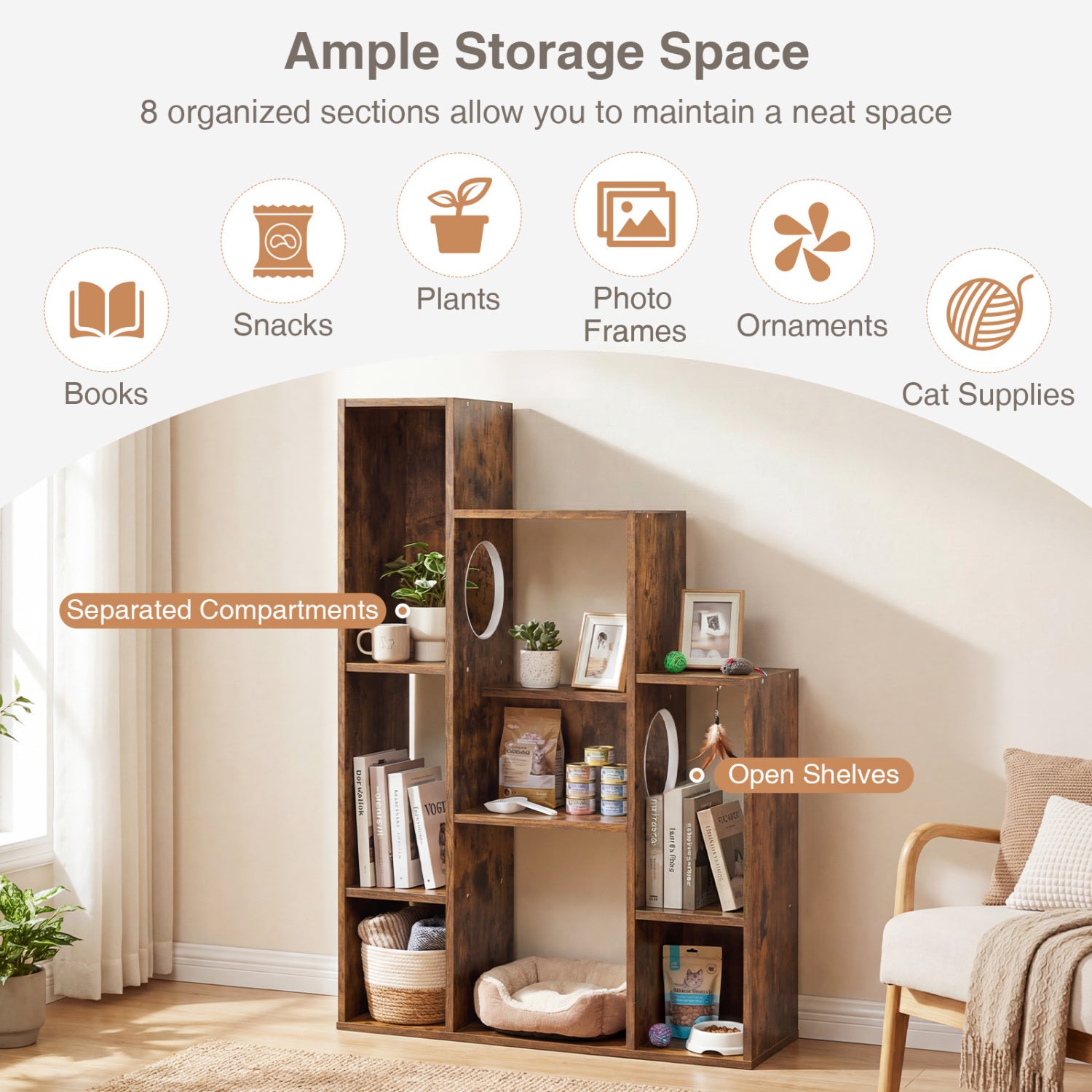 Modern Cat Bookshelf Cat Tree 8-Section Storage Cabinet with 2 Round Holes - view 6