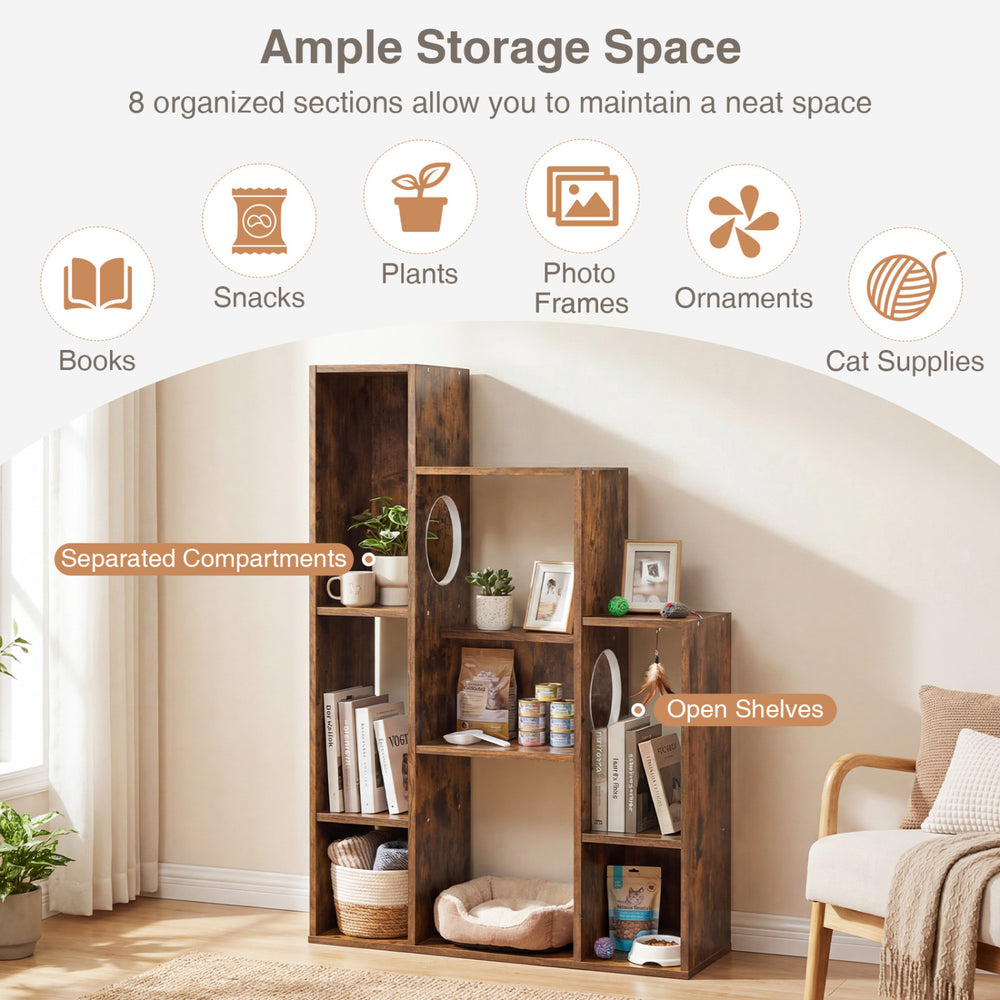 Modern Cat Bookshelf Cat Tree 8-Section Storage Cabinet with 2 Round Holes - view 6