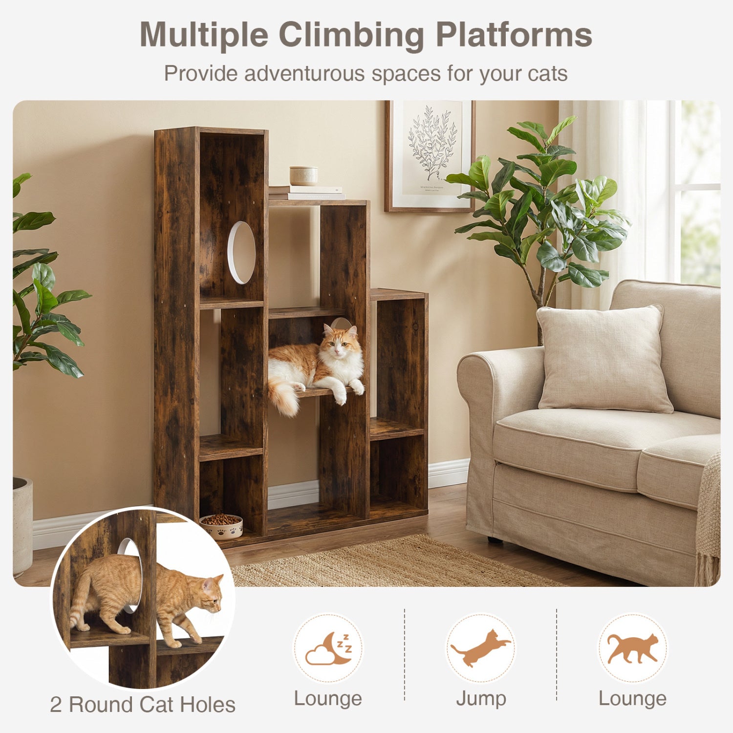 Modern Cat Bookshelf Cat Tree 8-Section Storage Cabinet with 2 Round Holes - view 7