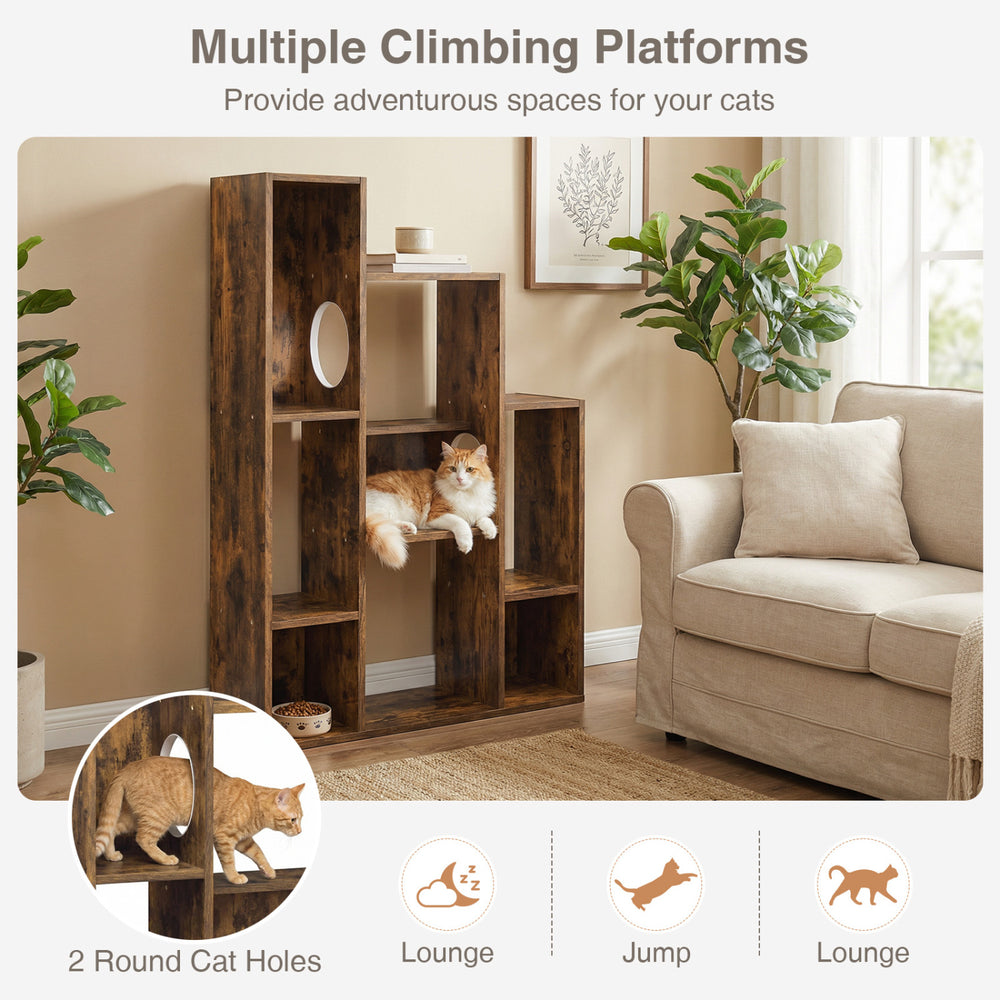 Modern Cat Bookshelf Cat Tree 8-Section Storage Cabinet with 2 Round Holes - view 7