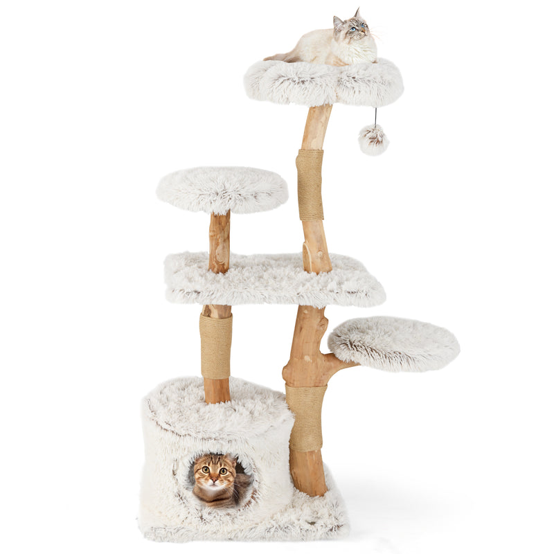 Modern Cat Tree 53 Inch Tall Natural Branch Wooden Cat Tower with Jute