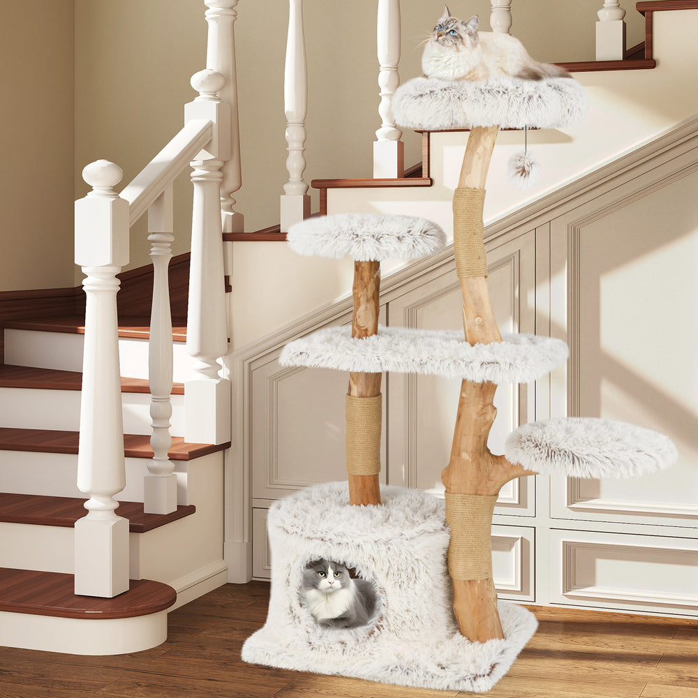 Modern Cat Tree 53 Inch Tall Natural Branch Wooden Cat Tower with Jute - view 3