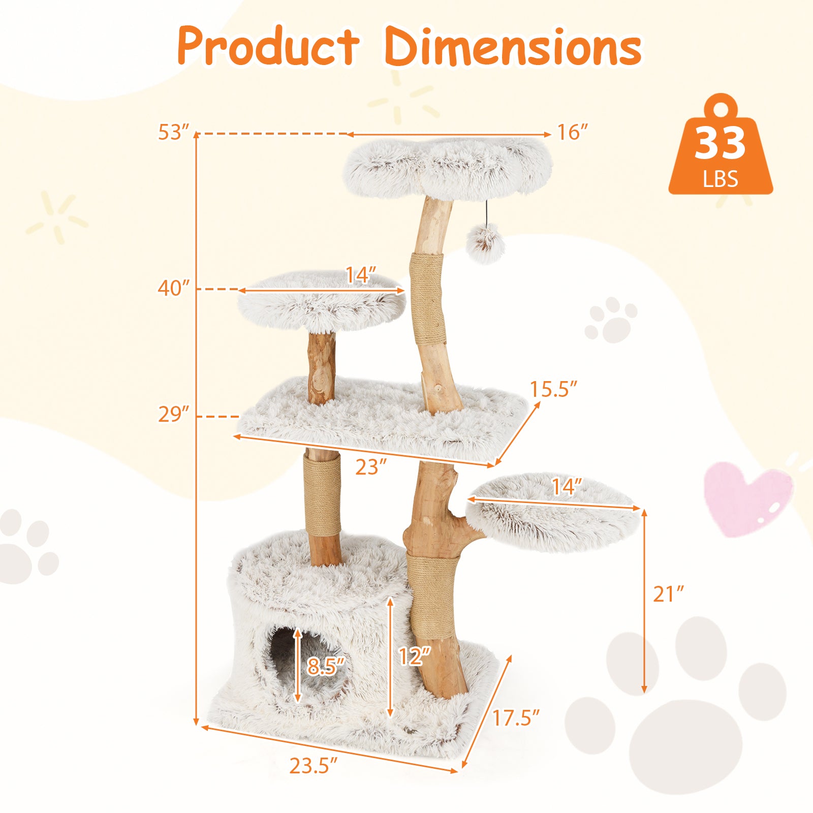 Modern Cat Tree 53 Inch Tall Natural Branch Wooden Cat Tower with Jute - view 4